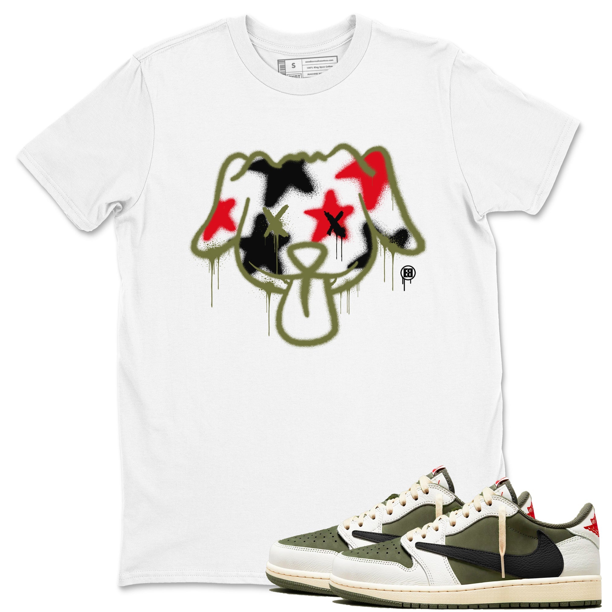 1s Travis Scott Medium Olive shirts to match jordans Graffiti Dog sneaker match tees Air Jordan 1 Travis Scott Medium Olive Drip Gear Zone streetwear brand White 1 unisex cotton tee