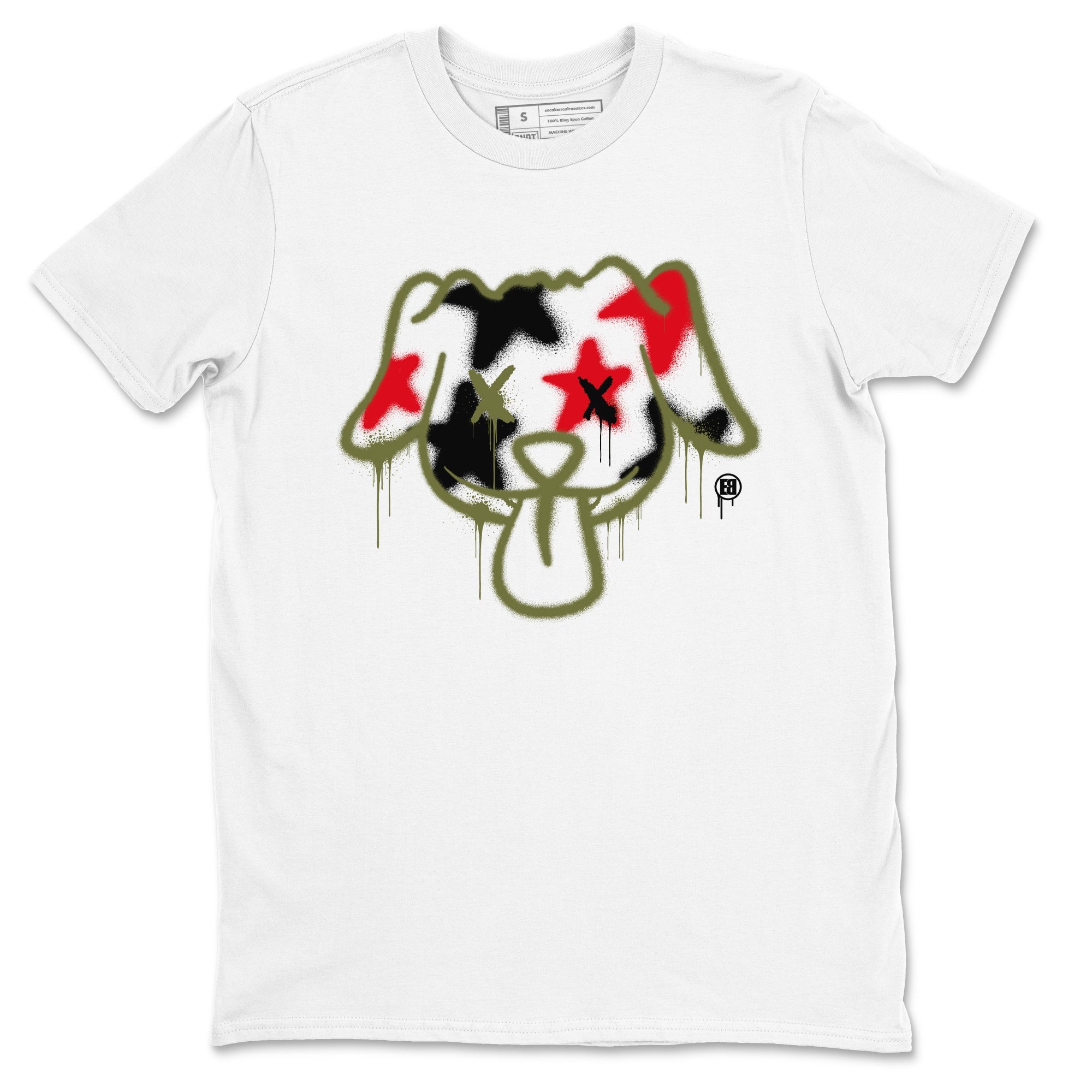 1s Travis Scott Medium Olive shirts to match jordans Graffiti Dog sneaker match tees Air Jordan 1 Travis Scott Medium Olive Drip Gear Zone streetwear brand White 2 unisex cotton tee