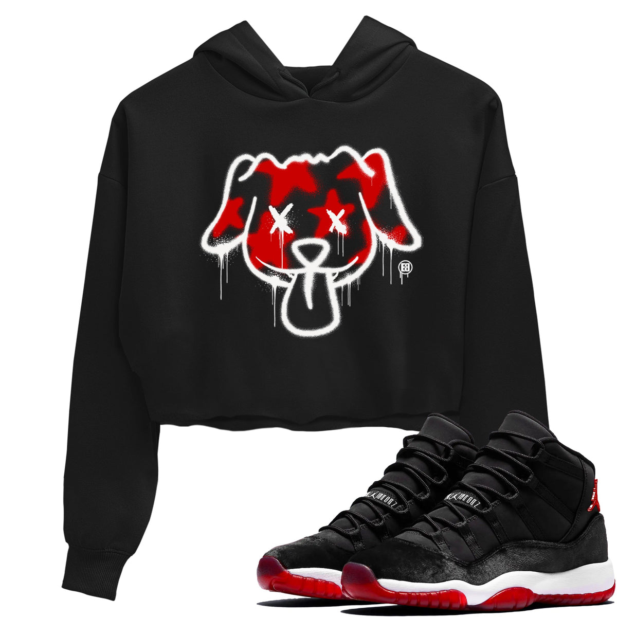 11s Bred Velvet shirts to match jordans Graffiti Dog sneaker match tees Air Jordan 11 Bred Velvet match shoes to clothes Drip Gear Zone unisex cotton Black 1 crop tee