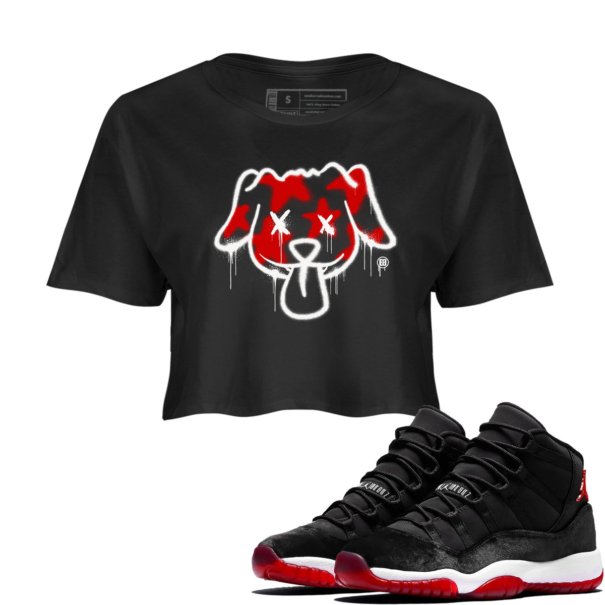 11s Bred Velvet shirts to match jordans Graffiti Dog sneaker match tees Air Jordan 11 Bred Velvet match shoes to clothes Drip Gear Zone unisex cotton Black 1 crop tee