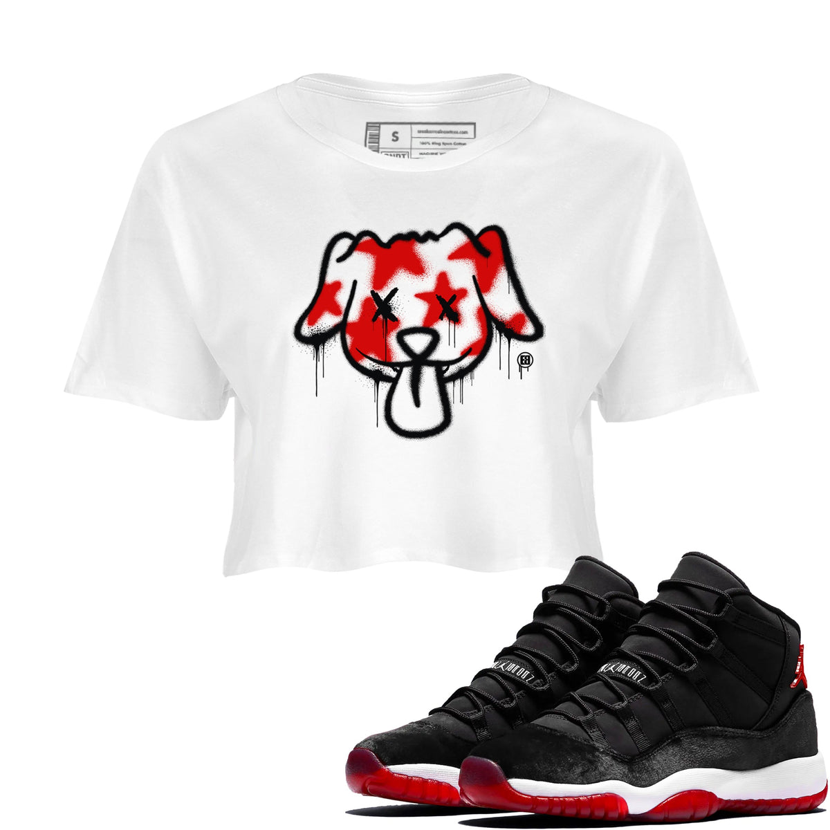 11s Bred Velvet shirts to match jordans Graffiti Dog sneaker match tees Air Jordan 11 Bred Velvet match shoes to clothes Drip Gear Zone unisex cotton White 1 crop tee