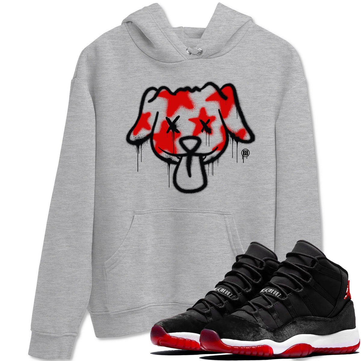 11s Bred Velvet shirts to match jordans Graffiti Dog sneaker match tees Air Jordan 11 Bred Velvet match shoes to clothes Drip Gear Zone unisex cotton Heather Grey 1 shirts