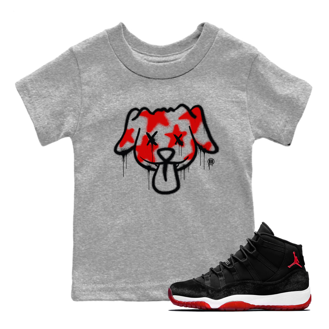 11s Bred Velvet shirts to match jordans Graffiti Dog sneaker match tees Air Jordan 11 Bred Velvet match shoes to clothes Drip Gear Zone Youth Baby Heather Grey 1 tee
