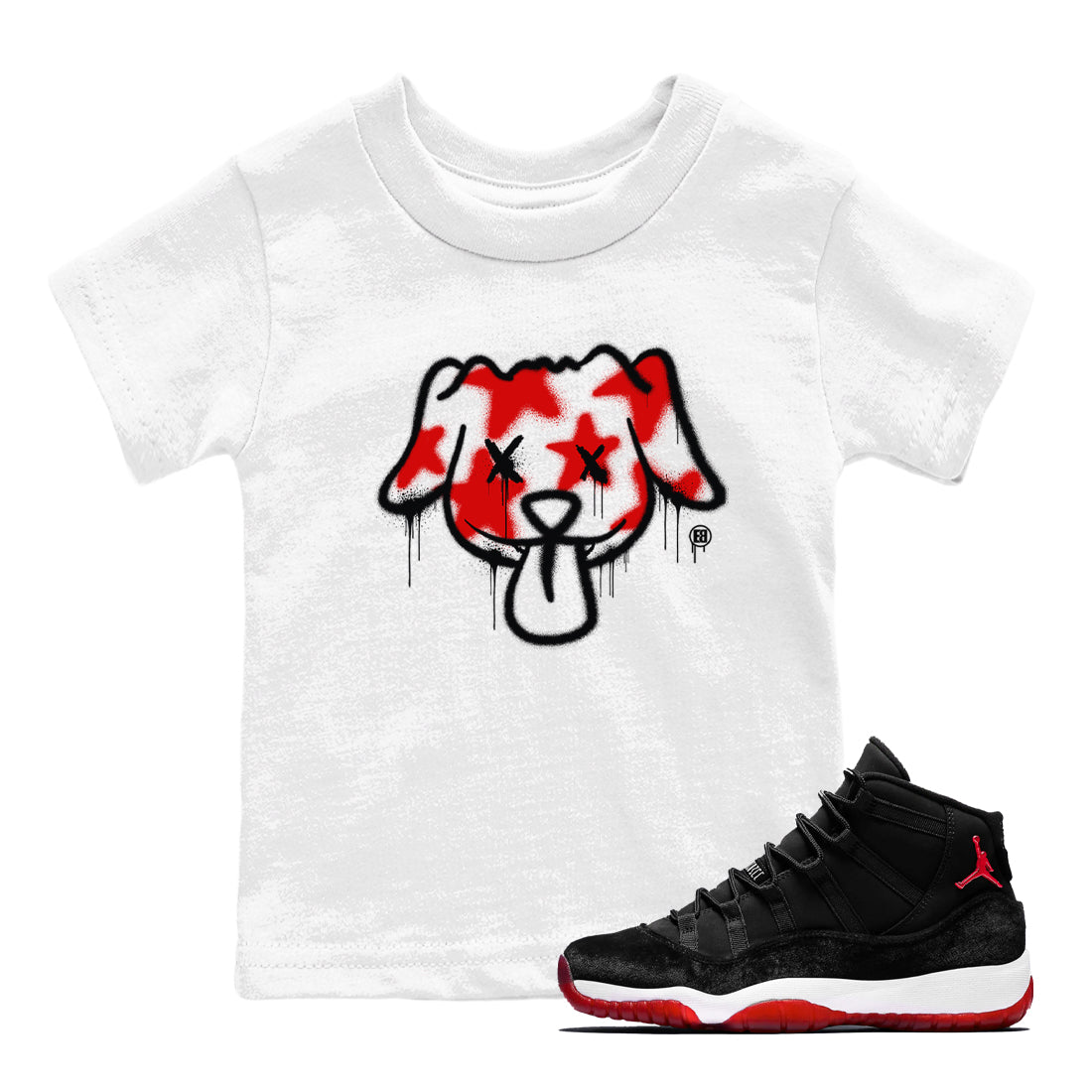11s Bred Velvet shirts to match jordans Graffiti Dog sneaker match tees Air Jordan 11 Bred Velvet match shoes to clothes Drip Gear Zone Youth Baby White 1 tee