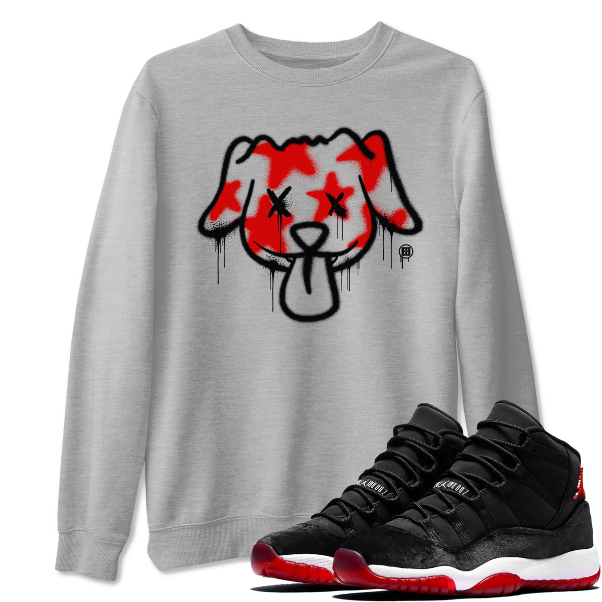 11s Bred Velvet shirts to match jordans Graffiti Dog sneaker match tees Air Jordan 11 Bred Velvet match shoes to clothes Drip Gear Zone unisex cotton Heather Grey 1 shirts
