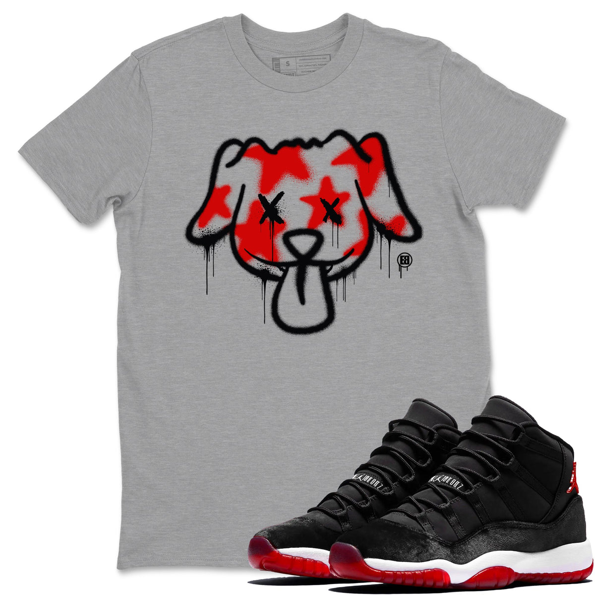 11s Bred Velvet shirts to match jordans Graffiti Dog sneaker match tees Air Jordan 11 Bred Velvet match shoes to clothes Drip Gear Zone unisex cotton Heather Grey 1 shirts