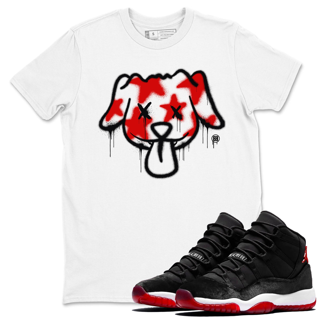 11s Bred Velvet shirts to match jordans Graffiti Dog sneaker match tees Air Jordan 11 Bred Velvet match shoes to clothes Drip Gear Zone unisex cotton White 1 shirts