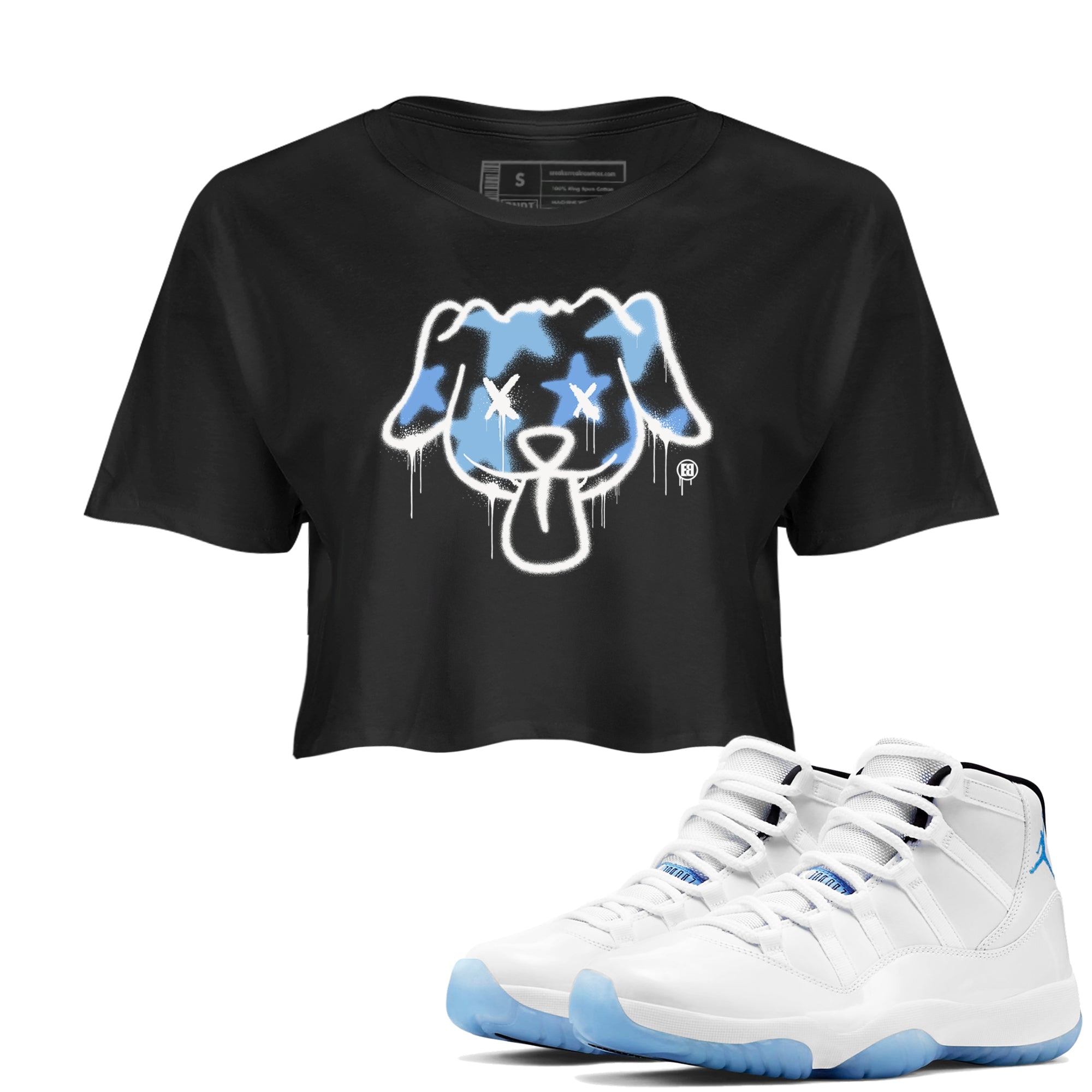 11s Legend Blue shirts to match jordans Graffiti Dog sneaker match tees Air Jordan 11 Legend Blue match shoes to clothes Drip Gear Zone unisex cotton Black 1 crop tee