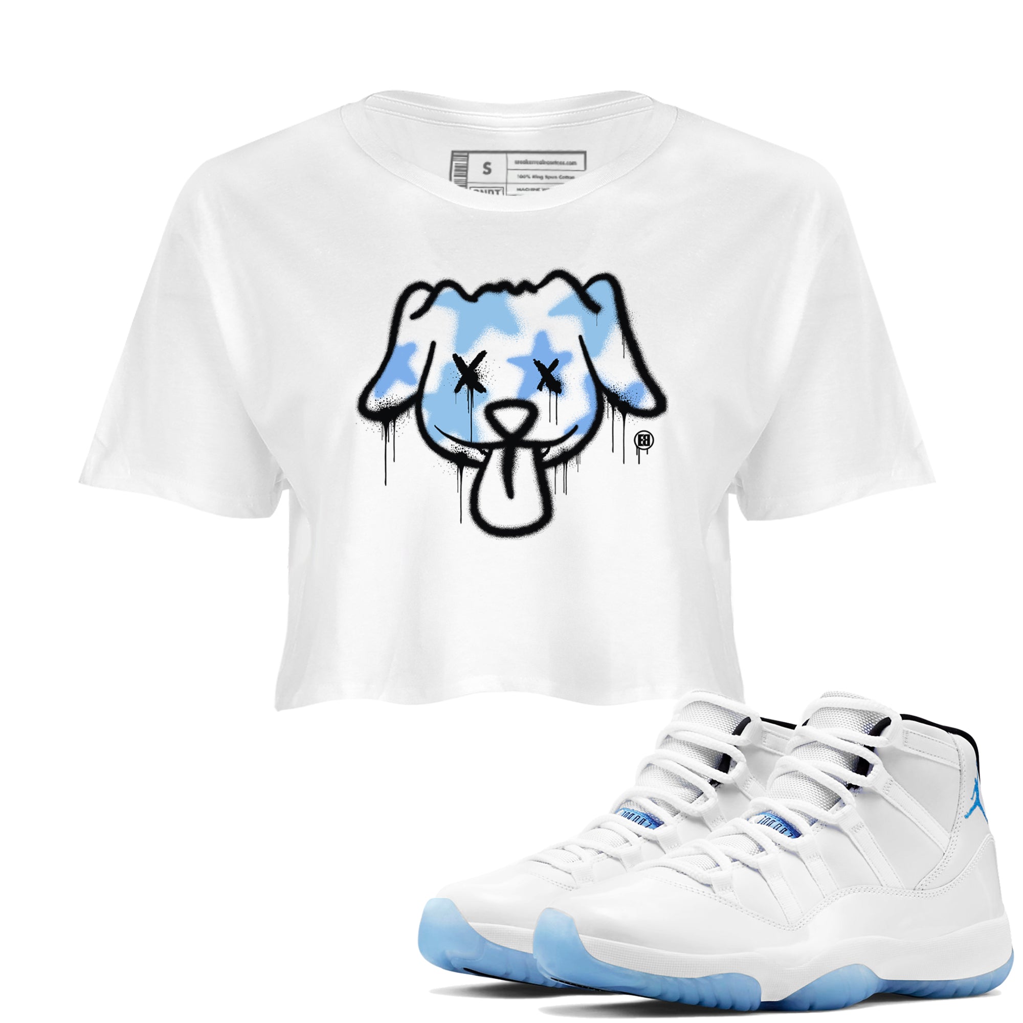 11s Legend Blue shirts to match jordans Graffiti Dog sneaker match tees Air Jordan 11 Legend Blue match shoes to clothes Drip Gear Zone unisex cotton White 1 crop tee