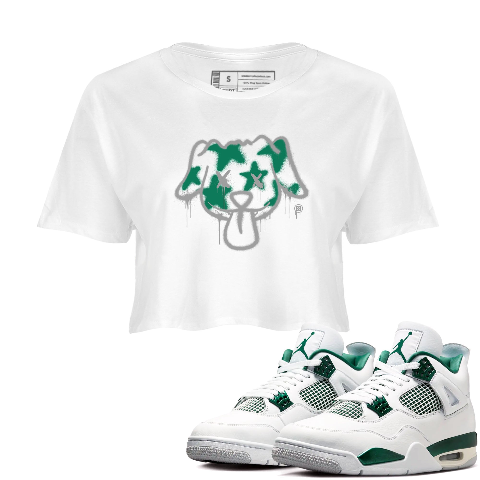 4s Oxidized Green shirts to match jordans Graffiti Dog sneaker match tees Air Jordan 4 Oxidized Green Drip Gear Zone streetwear brand White 1 crop tee