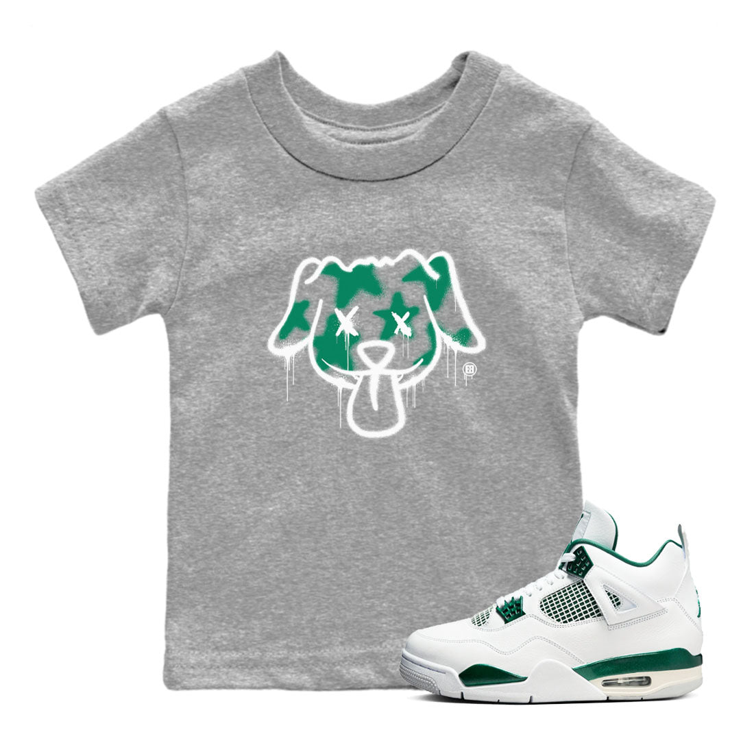 4s Oxidized Green shirts to match jordans Graffiti Dog sneaker match tees Air Jordan 4 Oxidized Green Drip Gear Zone streetwear brand Baby and Youth Heather Grey 1 cotton tee