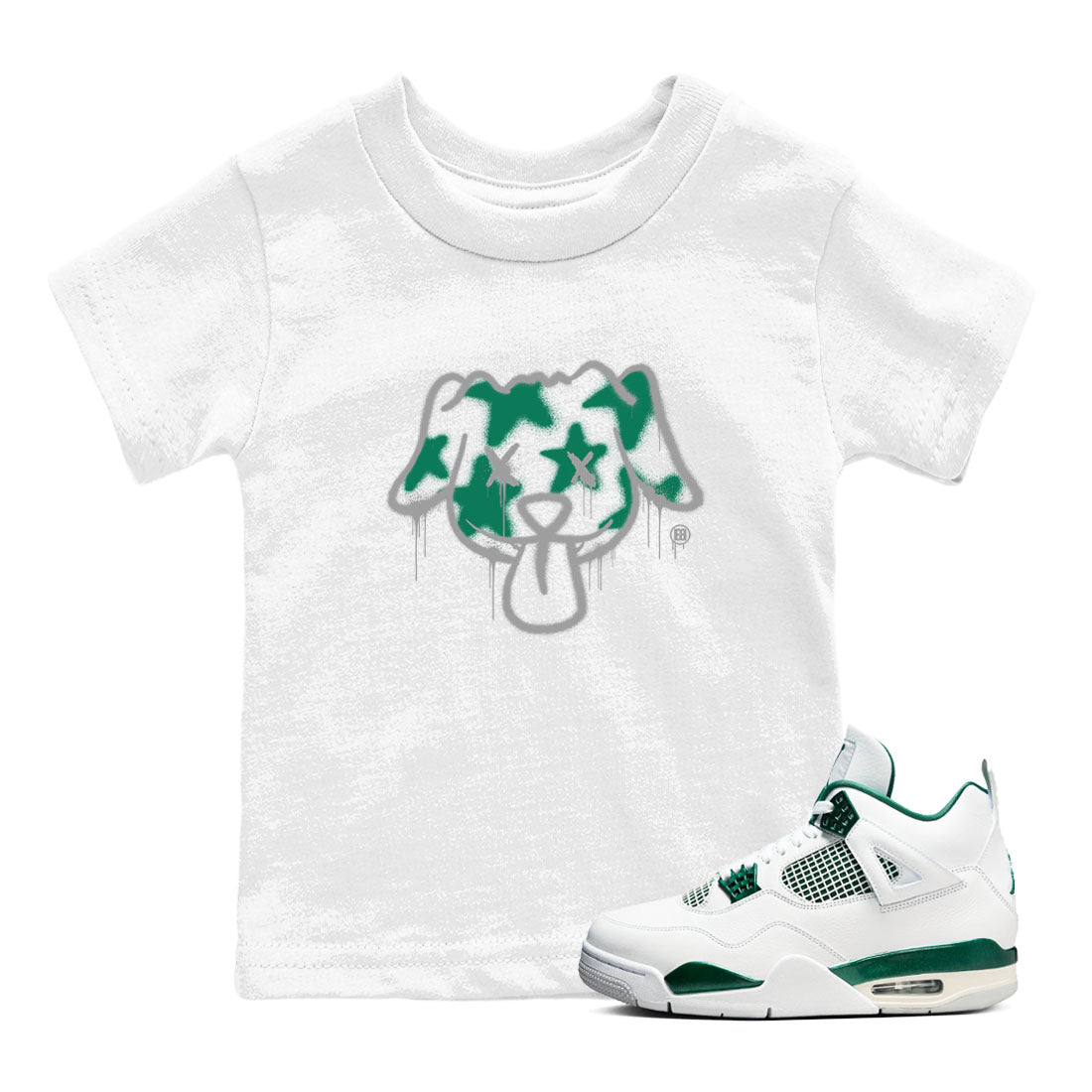4s Oxidized Green shirts to match jordans Graffiti Dog sneaker match tees Air Jordan 4 Oxidized Green Drip Gear Zone streetwear brand Baby and Youth White 1 cotton tee