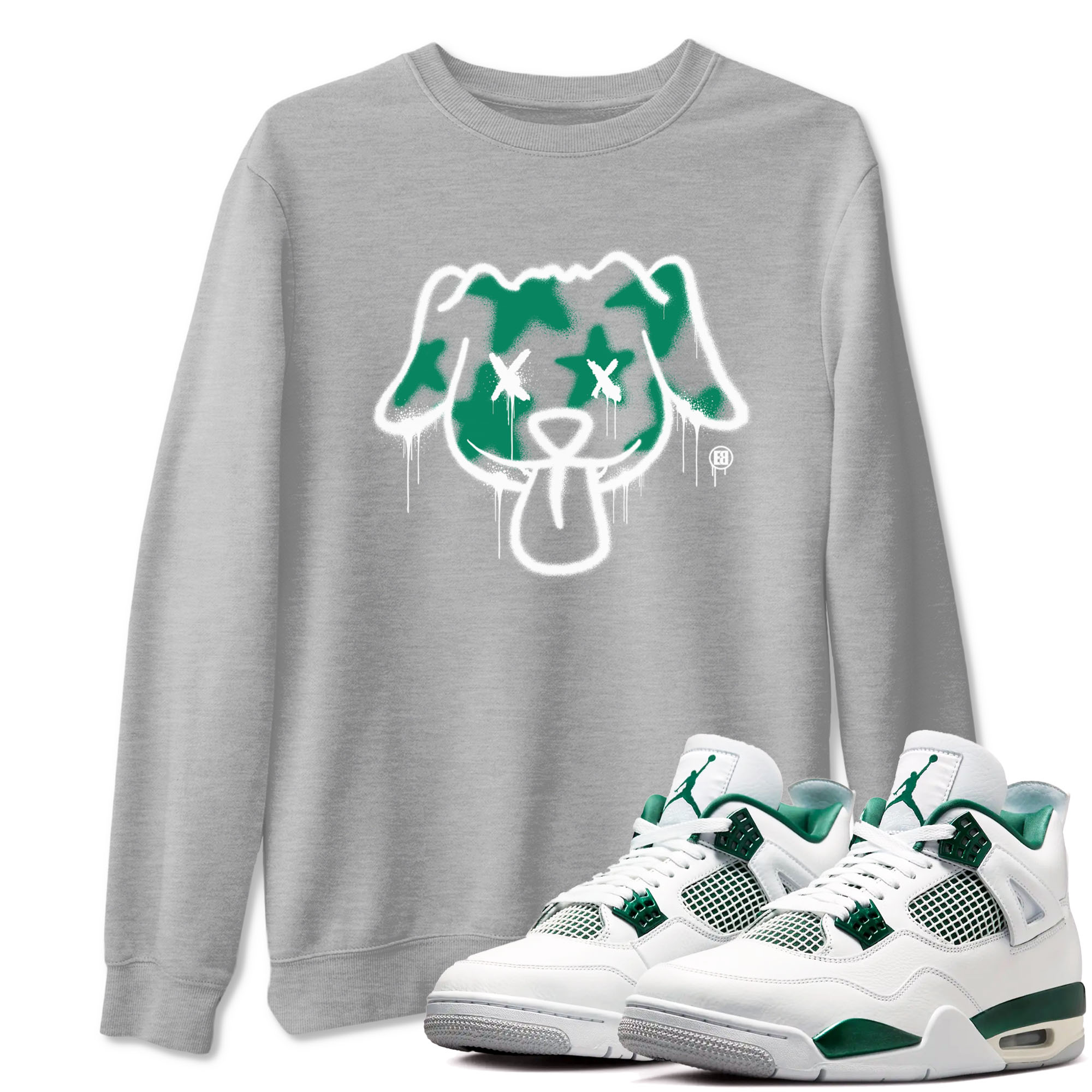 4s Oxidized Green shirts to match jordans Graffiti Dog sneaker match tees Air Jordan 4 Oxidized Green Drip Gear Zone streetwear brand Heather Grey 1 unisex cotton tee
