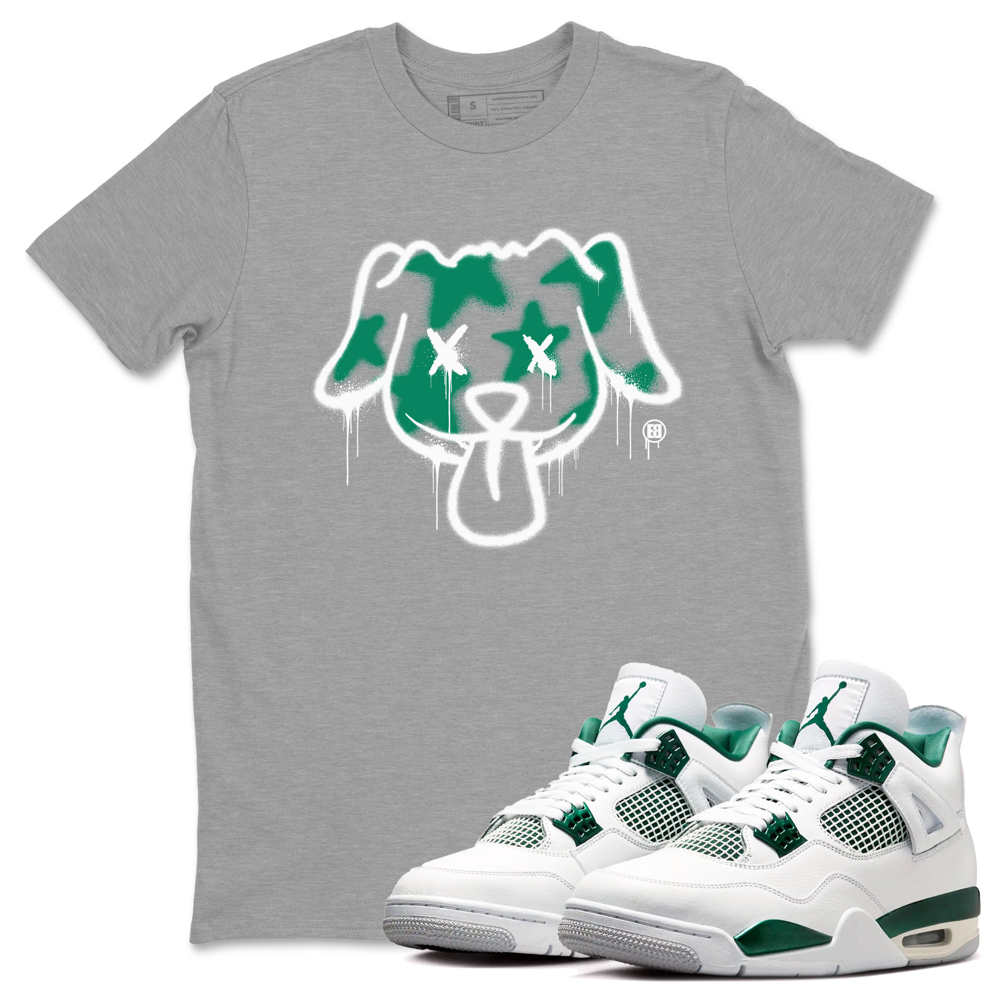 4s Oxidized Green shirts to match jordans Graffiti Dog sneaker match tees Air Jordan 4 Oxidized Green Drip Gear Zone streetwear brand Heather Grey 1 unisex cotton tee