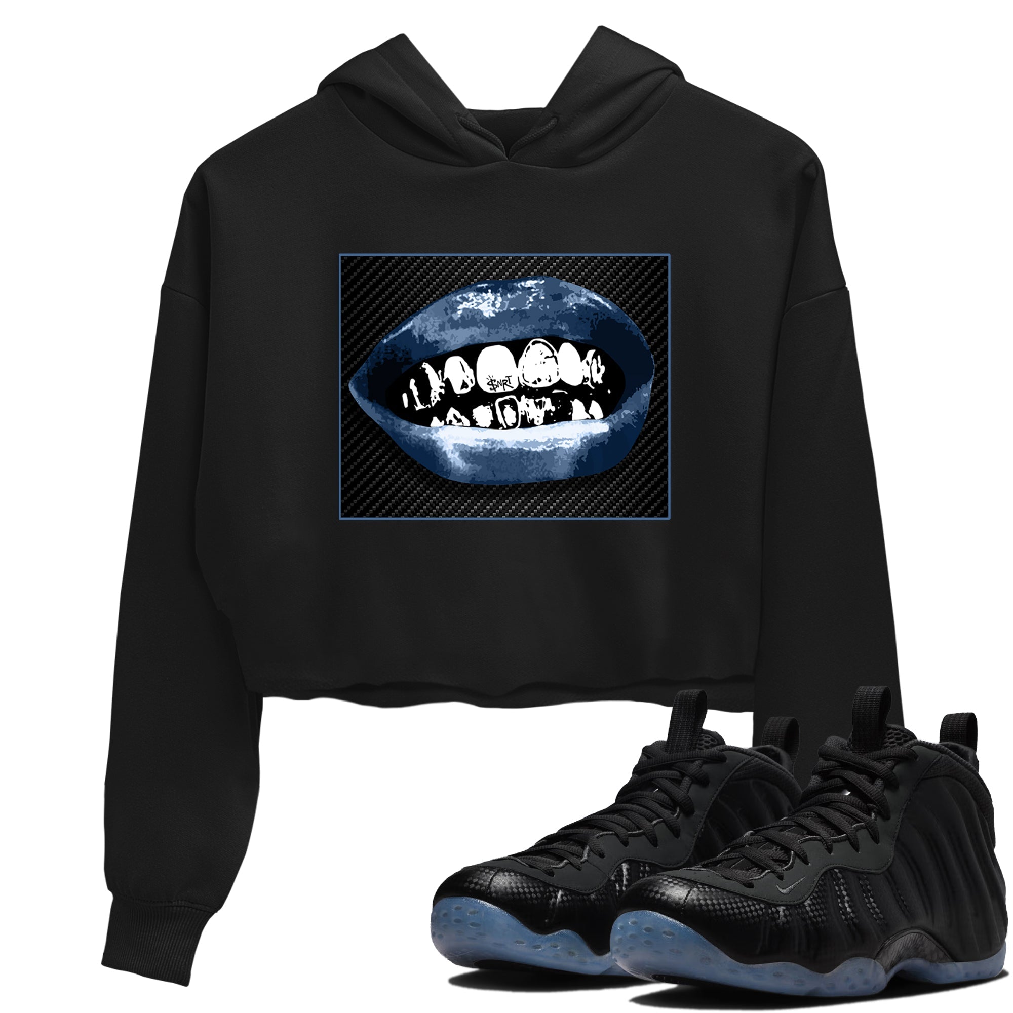 Sneaker Threads  Sneaker Tees To Match Air Foamposite One Carbon Fiber  Grillz Lips Crop Tee Black 1. Perfect for Jordan releases 2025 colorways.