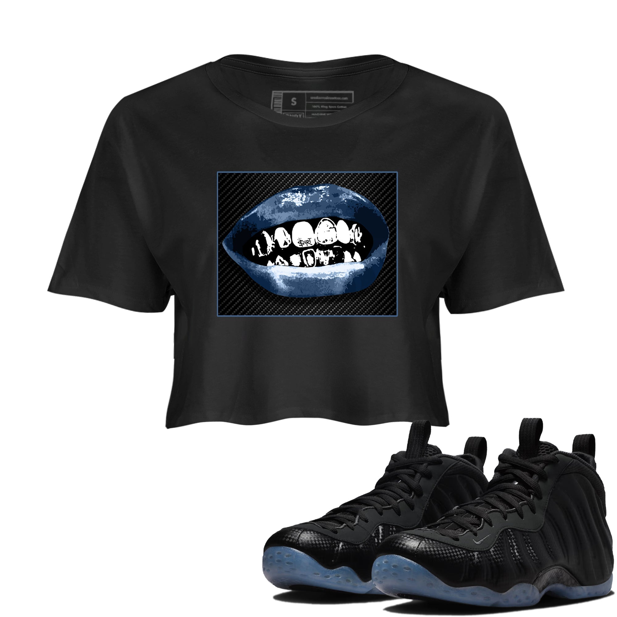 Sneaker Threads  Sneaker Tees To Match Air Foamposite One Carbon Fiber  Grillz Lips Crop Tee Black 1. Perfect for Jordan releases 2025 colorways.