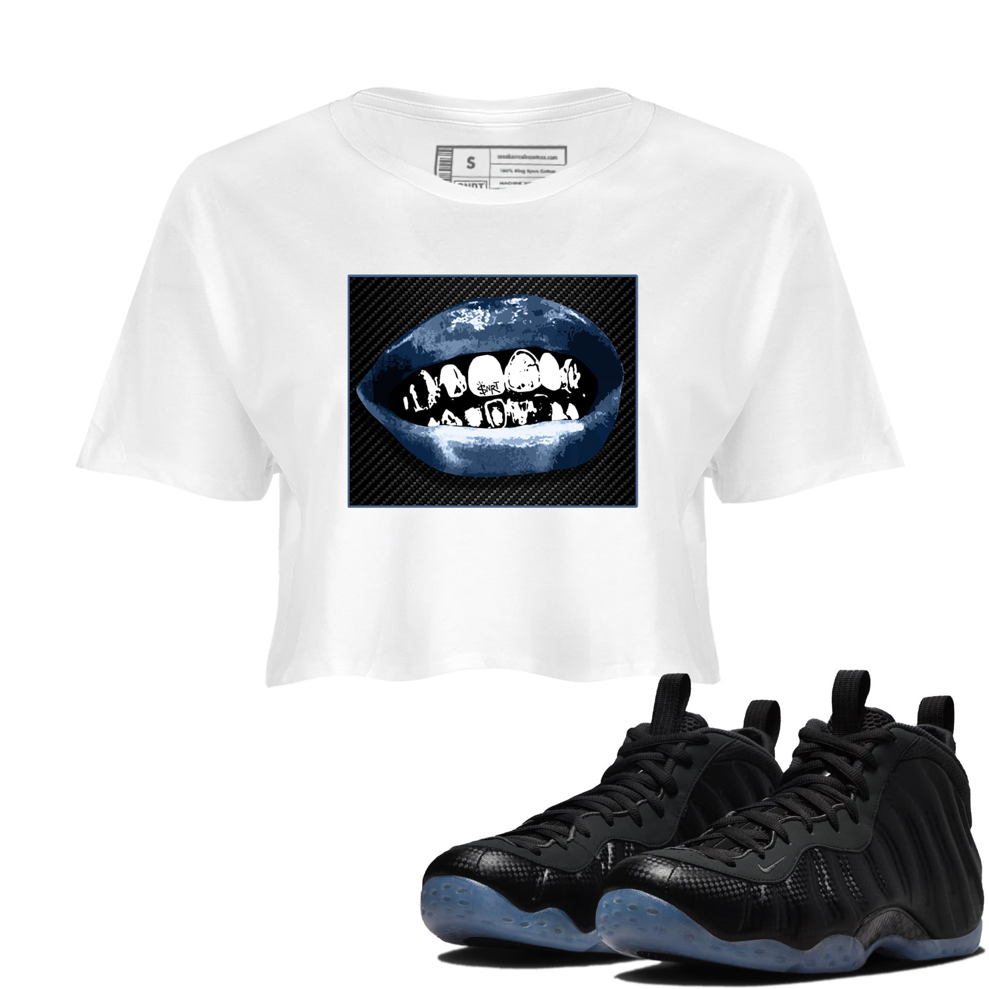 Sneaker Threads  Sneaker Tees To Match Air Foamposite One Carbon Fiber  Grillz Lips Crop Tee White 1. Perfect for Jordan releases 2025 colorways.
