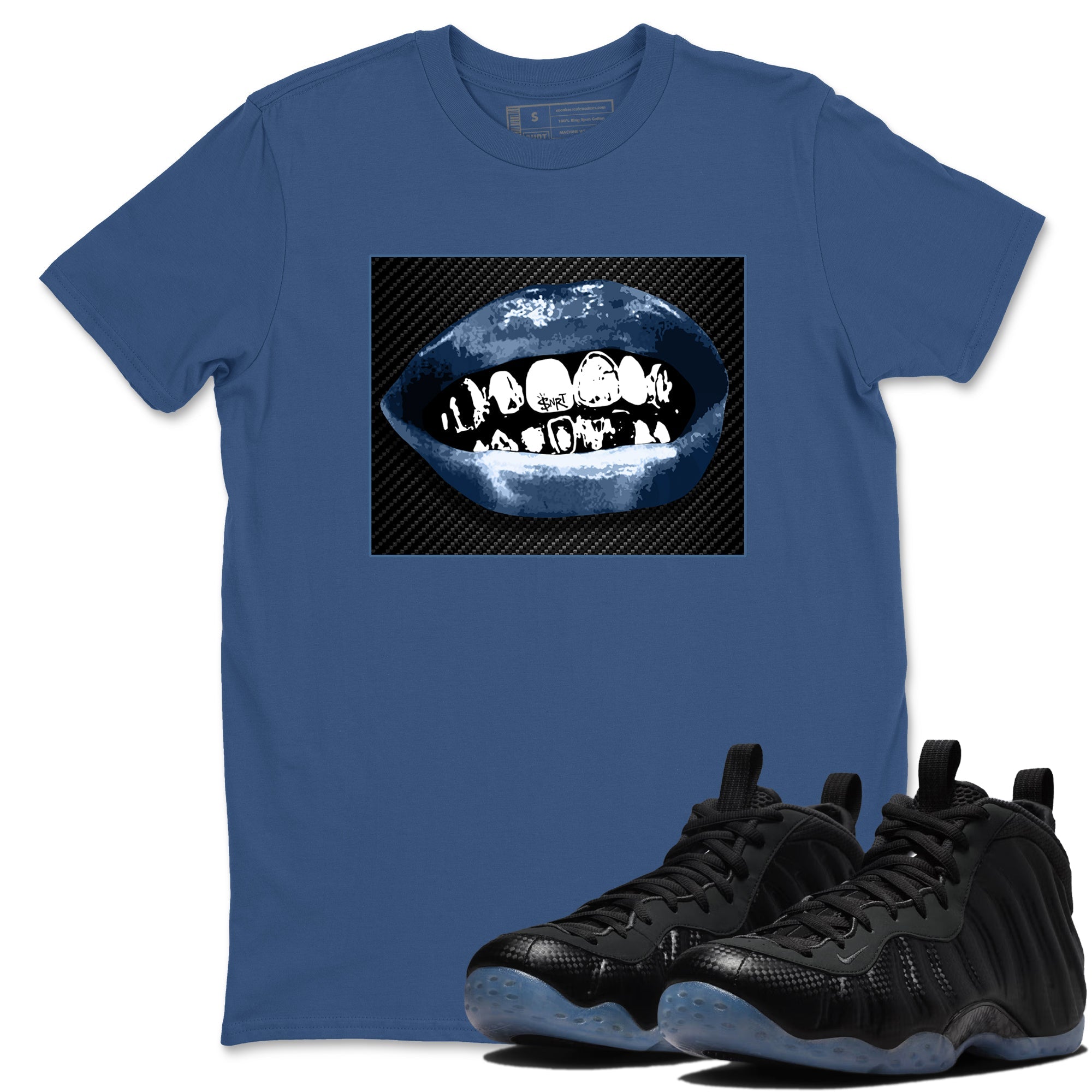 Sneaker Threads  Sneaker Tees To Match Air Foamposite One Carbon Fiber  Grillz Lips Graphic Tee Denim Blue 1. Perfect for Jordan releases 2025 colorways.