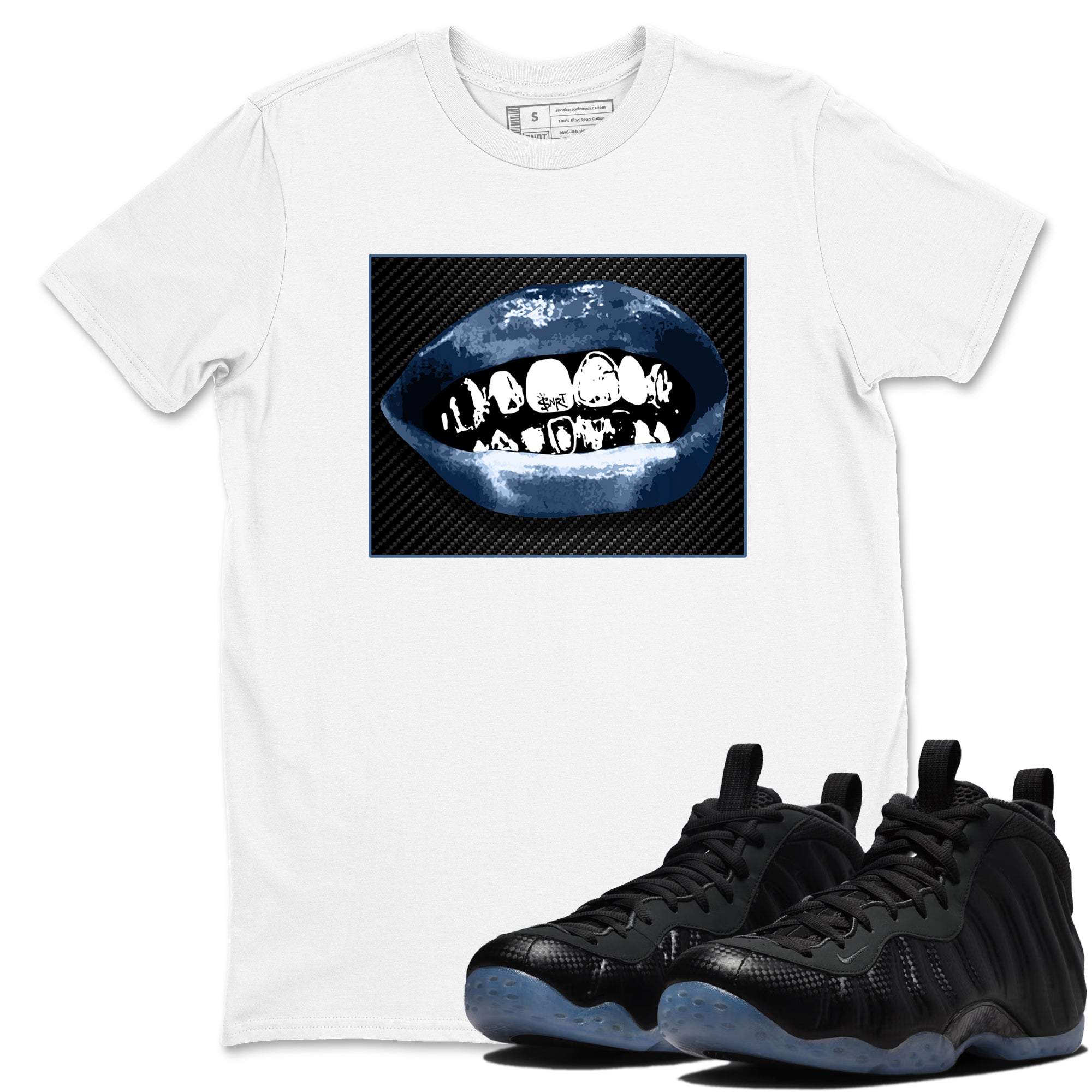 Sneaker Threads  Sneaker Tees To Match Air Foamposite One Carbon Fiber  Grillz Lips Graphic Tee White 1. Perfect for Jordan releases 2025 colorways.