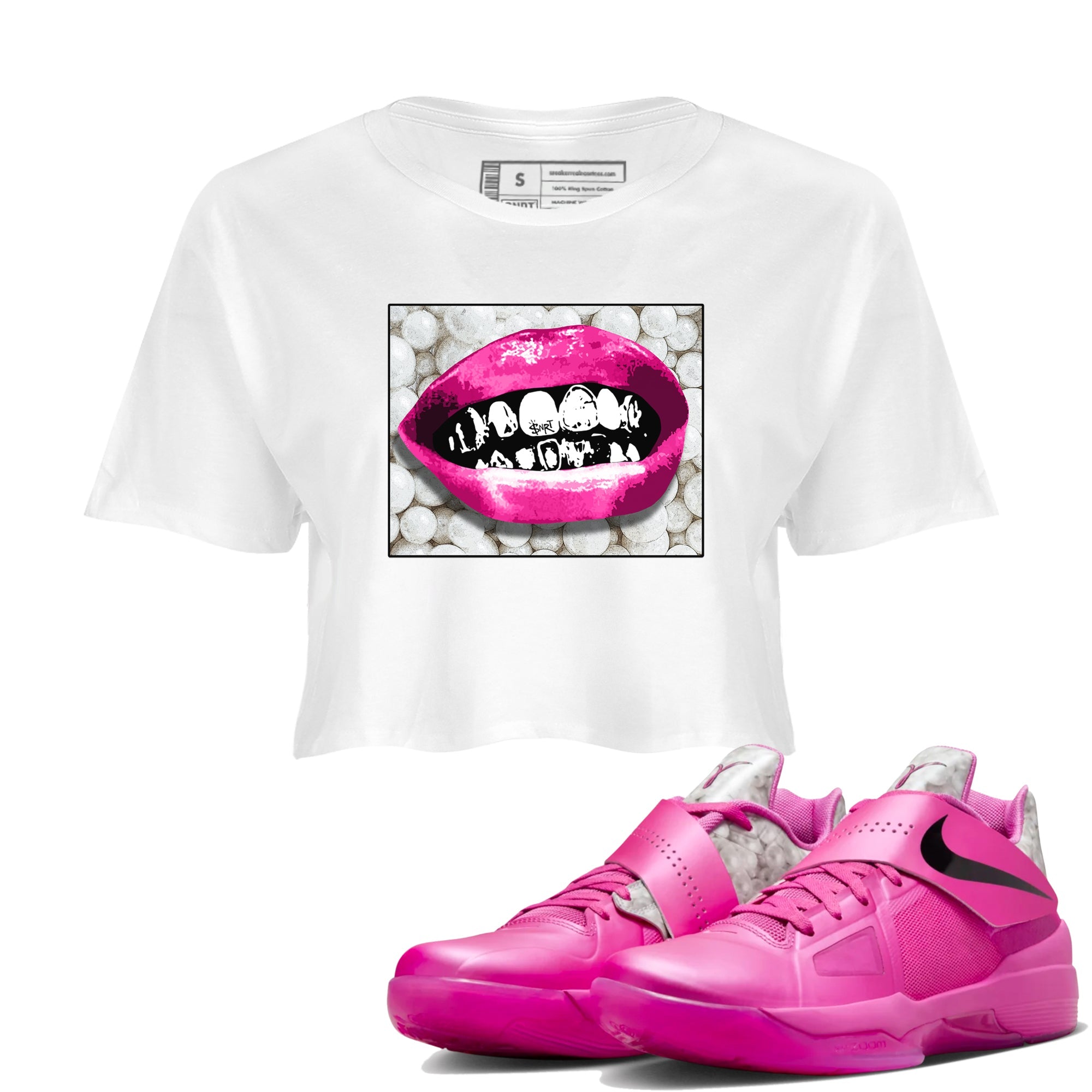 Nike KD 4 Retro Aunt Pearl shirts to match jordans Grillz Lips sneaker match tees Nike KD 4 Aunt Pearl match shoes to clothes Drip Gear Zone unisex cotton White 1 crop tee