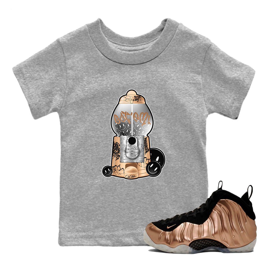 Foams One Metallic Copper shirts to match jordans Gumball Machine sneaker match tees Air Foamposite One Metallic Copper match shoes to clothes Drip Gear Zone Youth Baby Heather Grey 1 tee