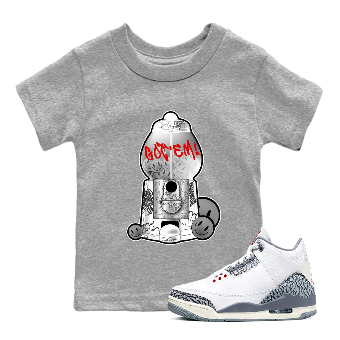 3s Cement Grey shirts to match jordans Gumball Machine sneaker match tees Air Jordan 3 Cement Grey Drip Gear Zone Youth Baby Heather Grey 1 crew neck shirts