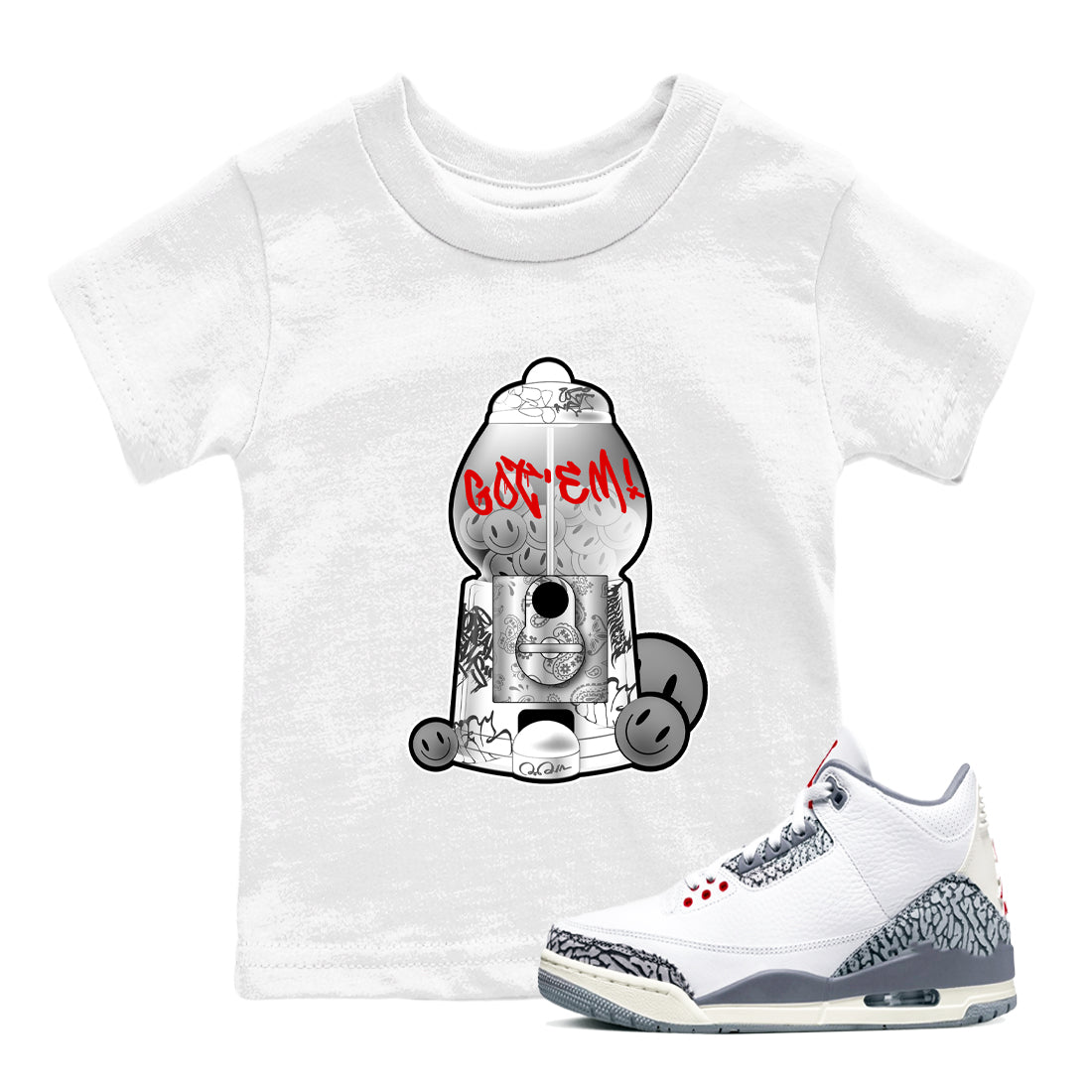 3s Cement Grey shirts to match jordans Gumball Machine sneaker match tees Air Jordan 3 Cement Grey Drip Gear Zone Youth Baby White 1 crew neck shirts