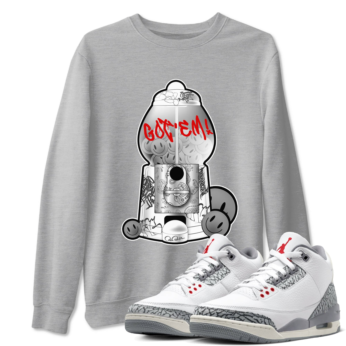3s Cement Grey shirts to match jordans Gumball Machine sneaker match tees Air Jordan 3 Cement Grey Drip Gear Zone unisex cotton Heather Grey 1 crew neck shirts
