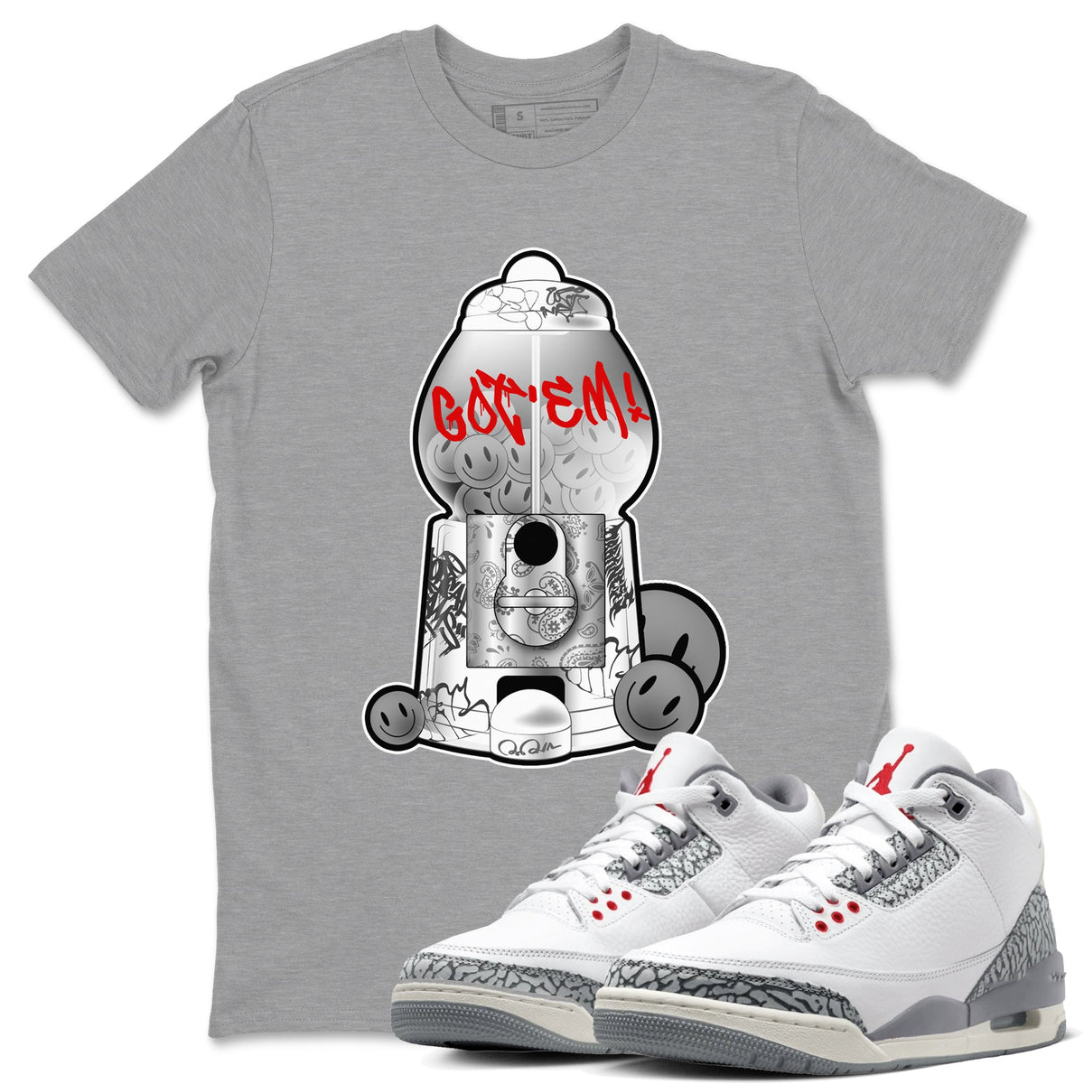 3s Cement Grey shirts to match jordans Gumball Machine sneaker match tees Air Jordan 3 Cement Grey Drip Gear Zone unisex cotton Heather Grey 1 crew neck shirts