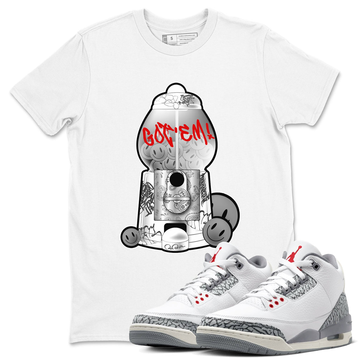 3s Cement Grey shirts to match jordans Gumball Machine sneaker match tees Air Jordan 3 Cement Grey Drip Gear Zone unisex cotton White 1 crew neck shirts