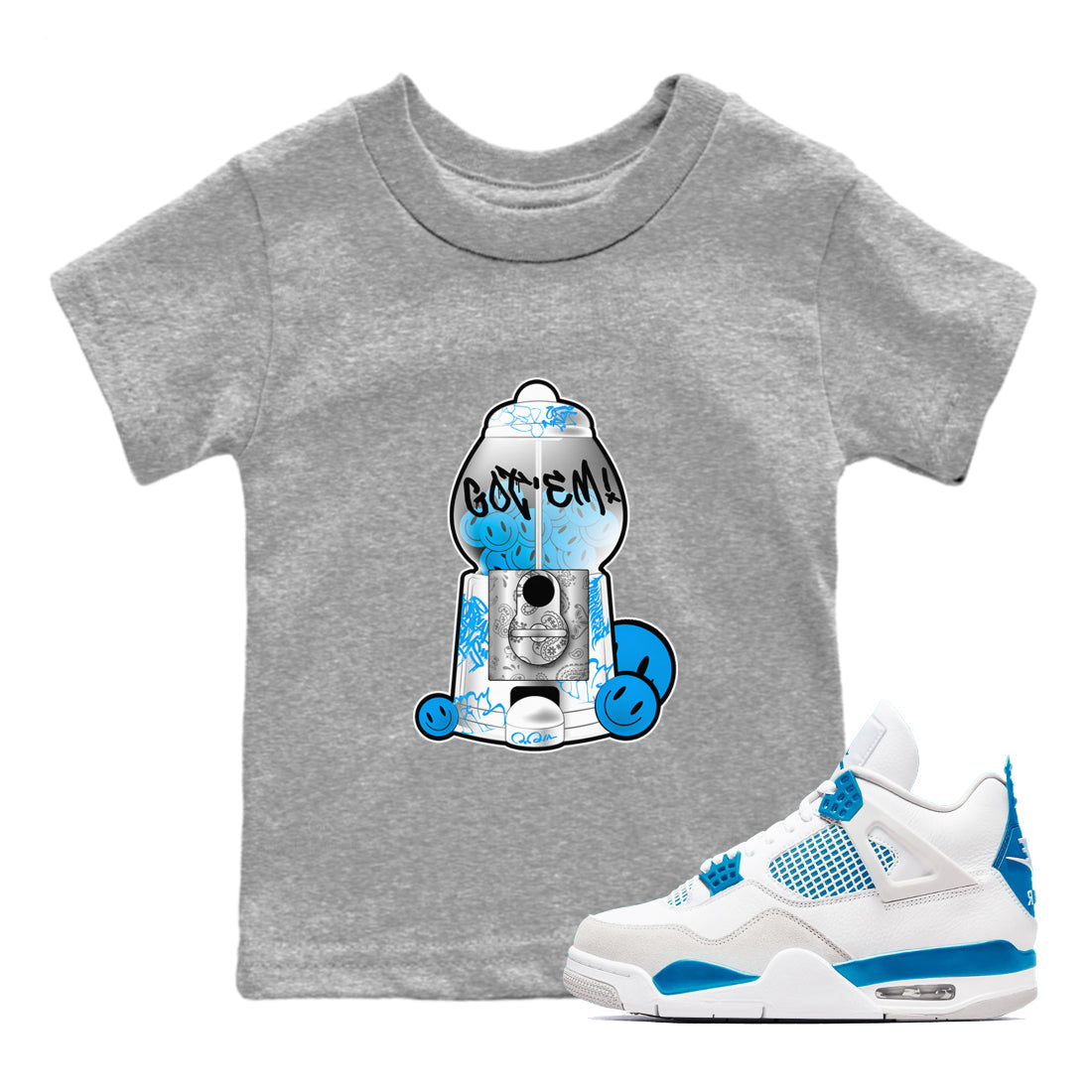 Air Jordan 4 Industrial Blue shirt to match jordans Gumball Machine sneaker tees Air Jordan 4 Military Blue Drip Gear Zone baby toddler Heather Grey 1 cotton Shirt