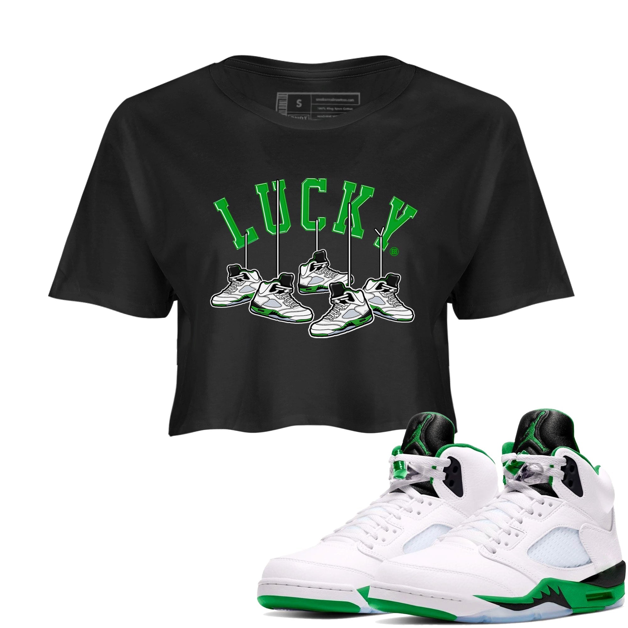 AJ5 Retro Lucky Green shirt to match jordans Hanging Sneakers sneaker tees Air Jordan 5 Retro Lucky Green Drip Gear Zone Casual Crew Neck T-Shirt Black 1 Crop T-Shirt