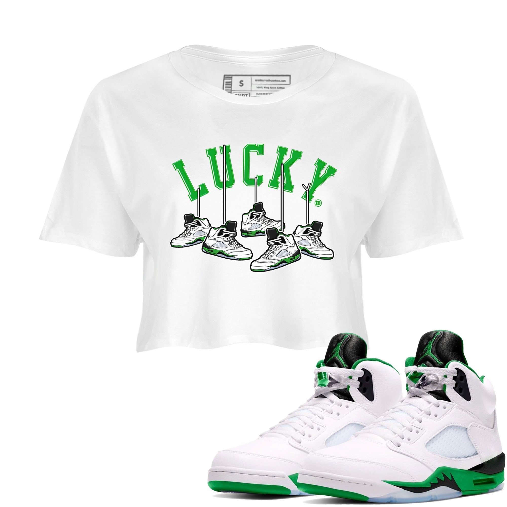 AJ5 Retro Lucky Green shirt to match jordans Hanging Sneakers sneaker tees Air Jordan 5 Retro Lucky Green Drip Gear Zone Casual Crew Neck T-Shirt White 1 Crop T-Shirt