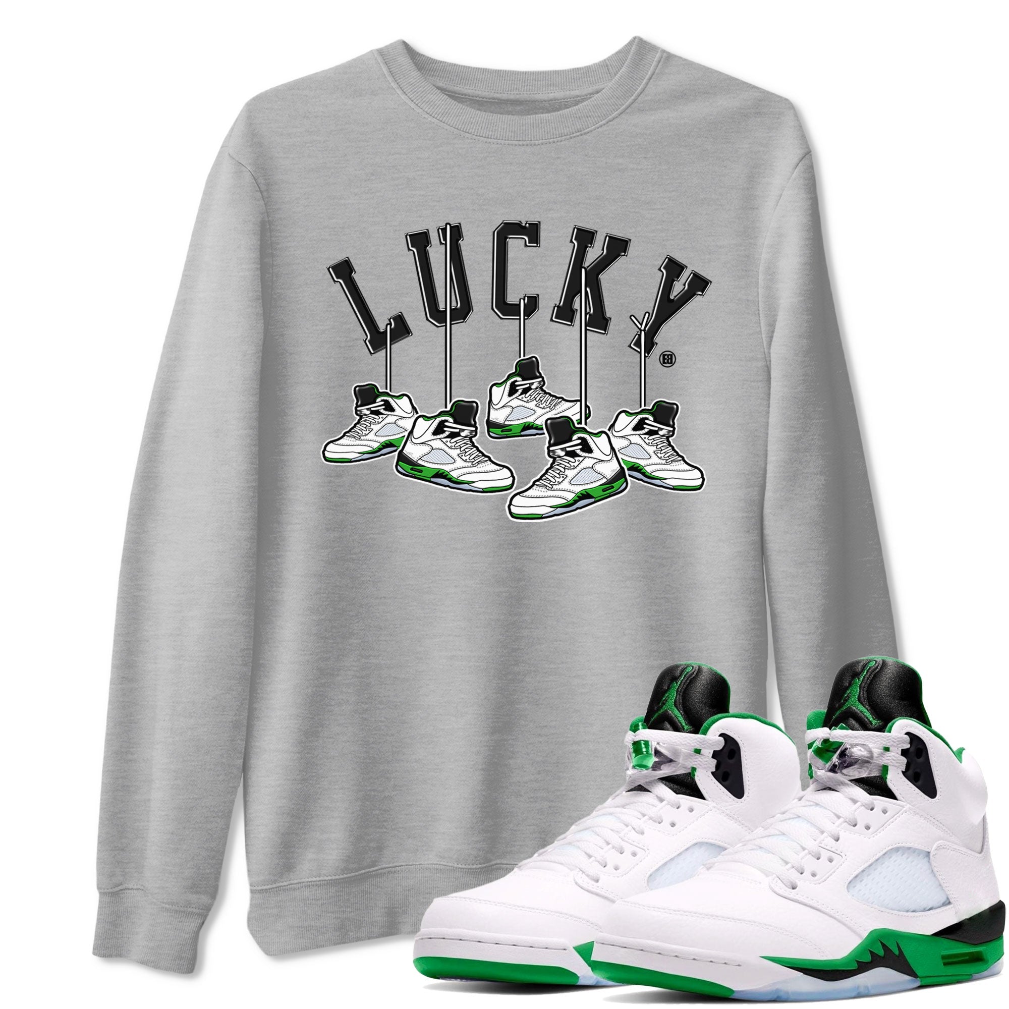 AJ5 Retro Lucky Green shirt to match jordans Hanging Sneakers sneaker tees Air Jordan 5 Retro Lucky Green Drip Gear Zone Casual Crew Neck T-Shirt Unisex Heather Grey 1 T-Shirt