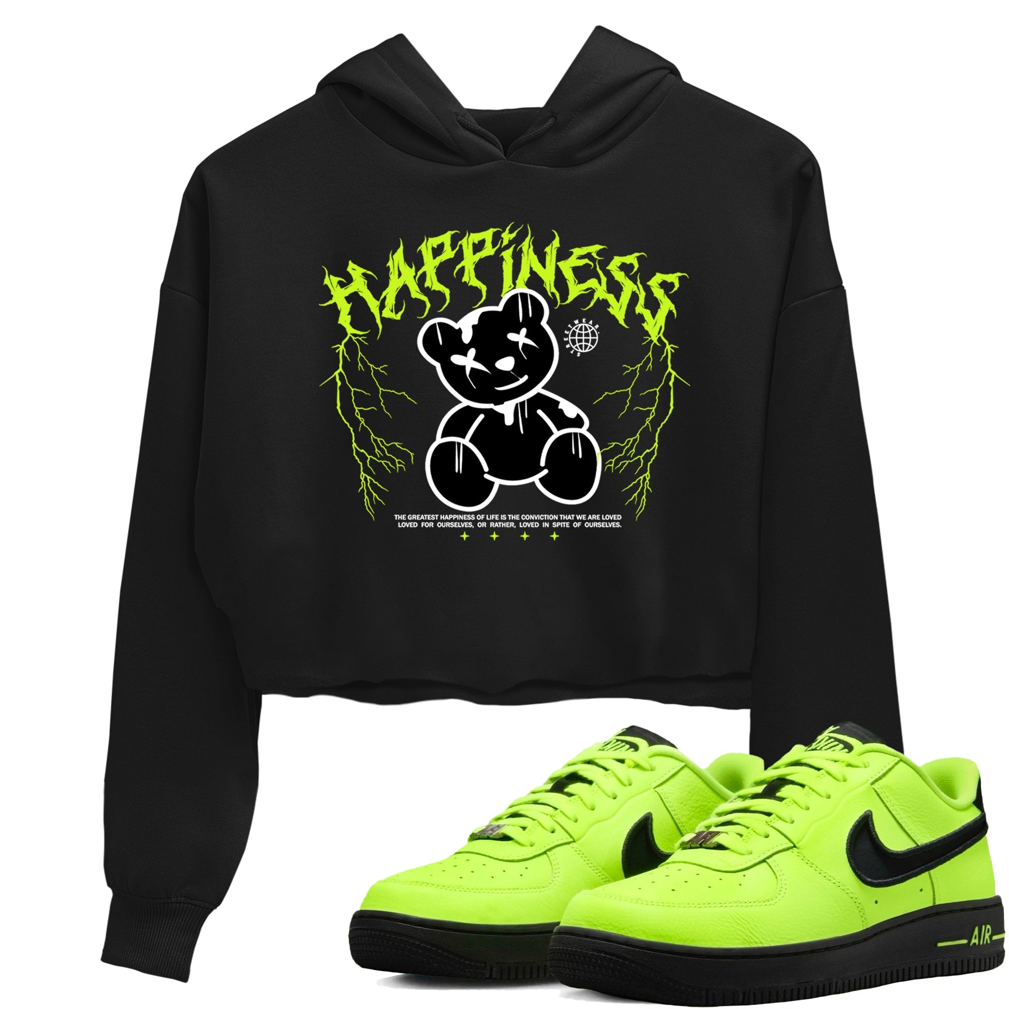 Air Force 1 Low Dance Volt t-shirts to match sneakers Happiness Bear sneaker match tees Air Force 1 Volt match shoes to clothes Drip Gear Zone unisex cotton Black 1 crop tee