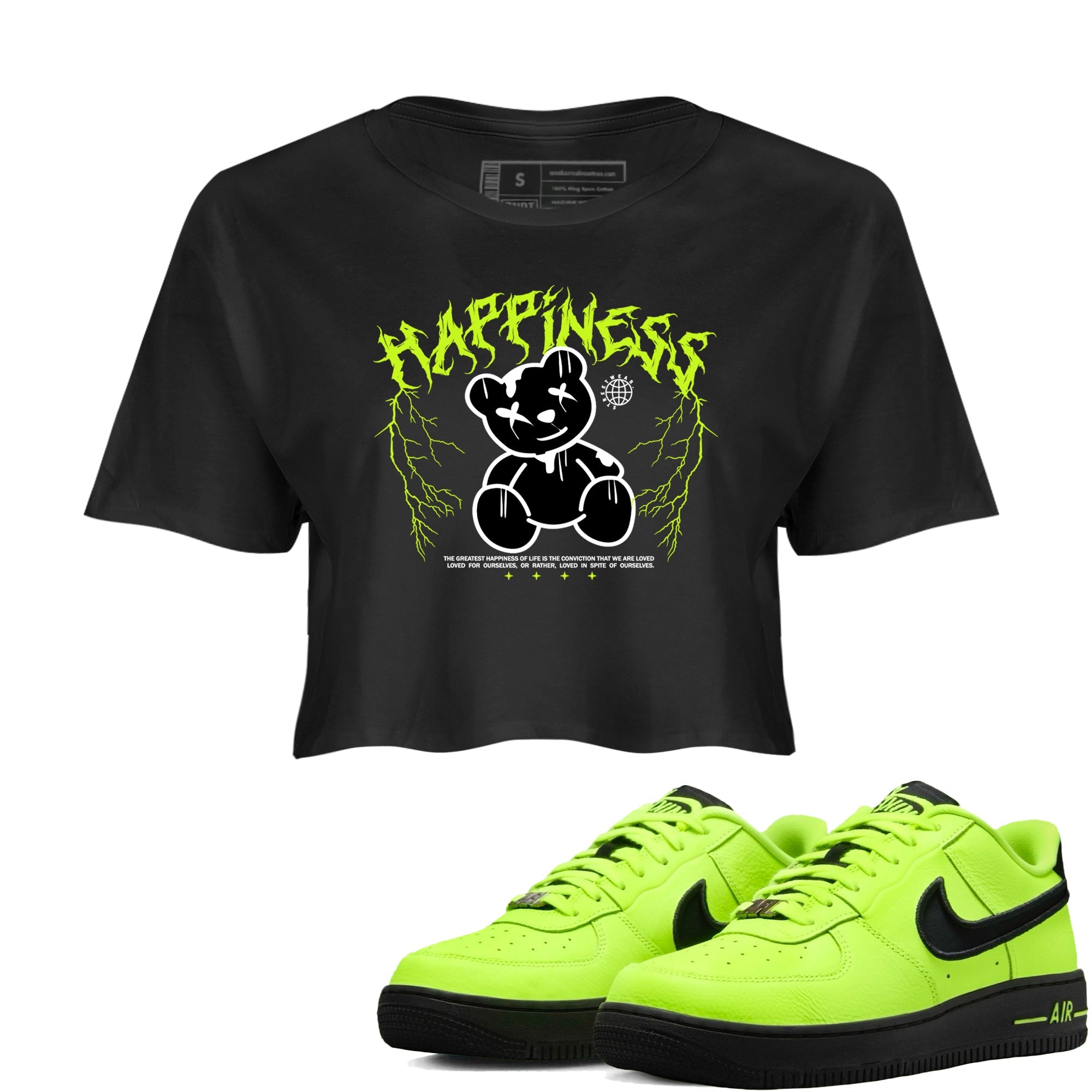 Air Force 1 Low Dance Volt t-shirts to match sneakers Happiness Bear sneaker match tees Air Force 1 Volt match shoes to clothes Drip Gear Zone unisex cotton Black 1 crop tee
