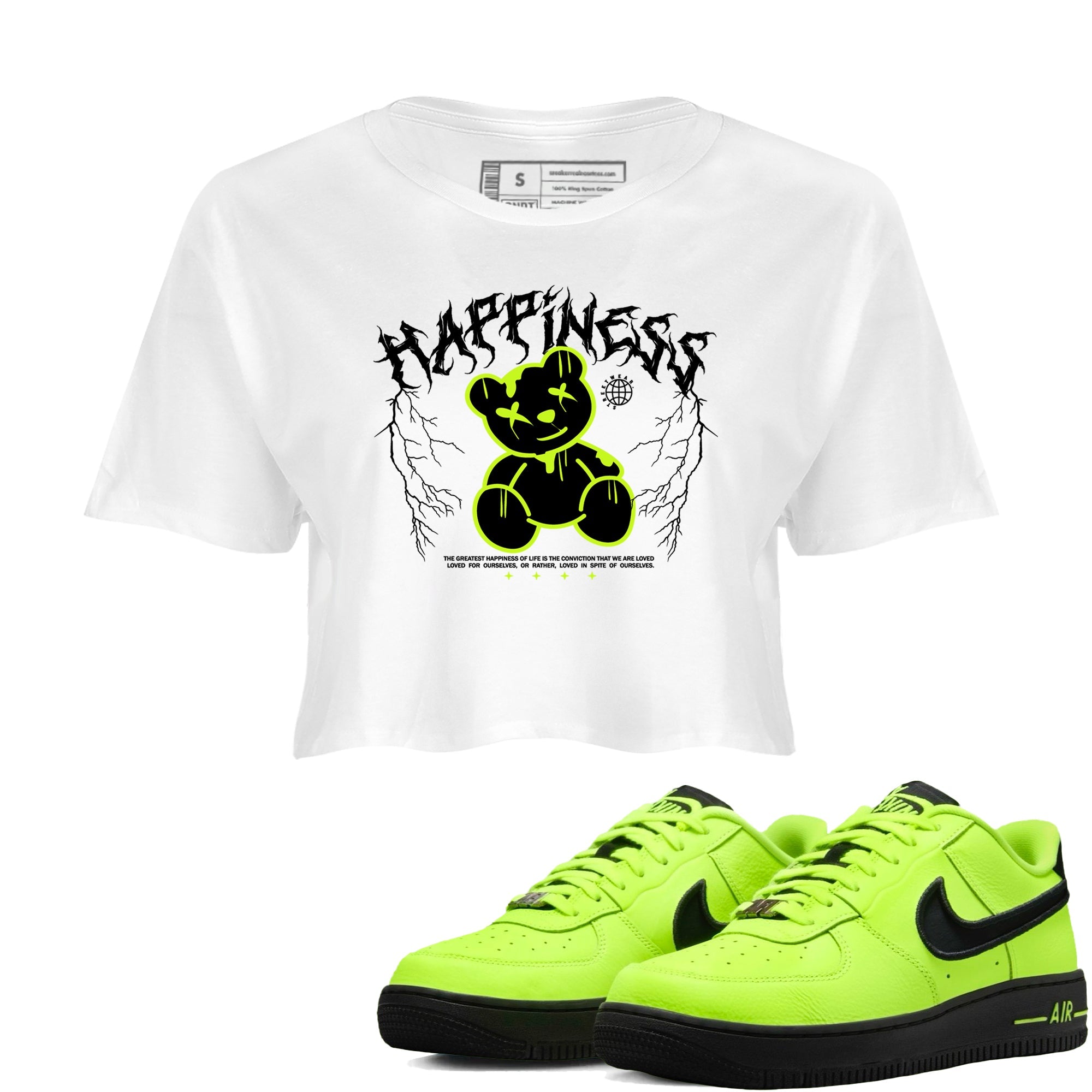Air Force 1 Low Dance Volt t-shirts to match sneakers Happiness Bear sneaker match tees Air Force 1 Volt match shoes to clothes Drip Gear Zone unisex cotton White 1 crop tee