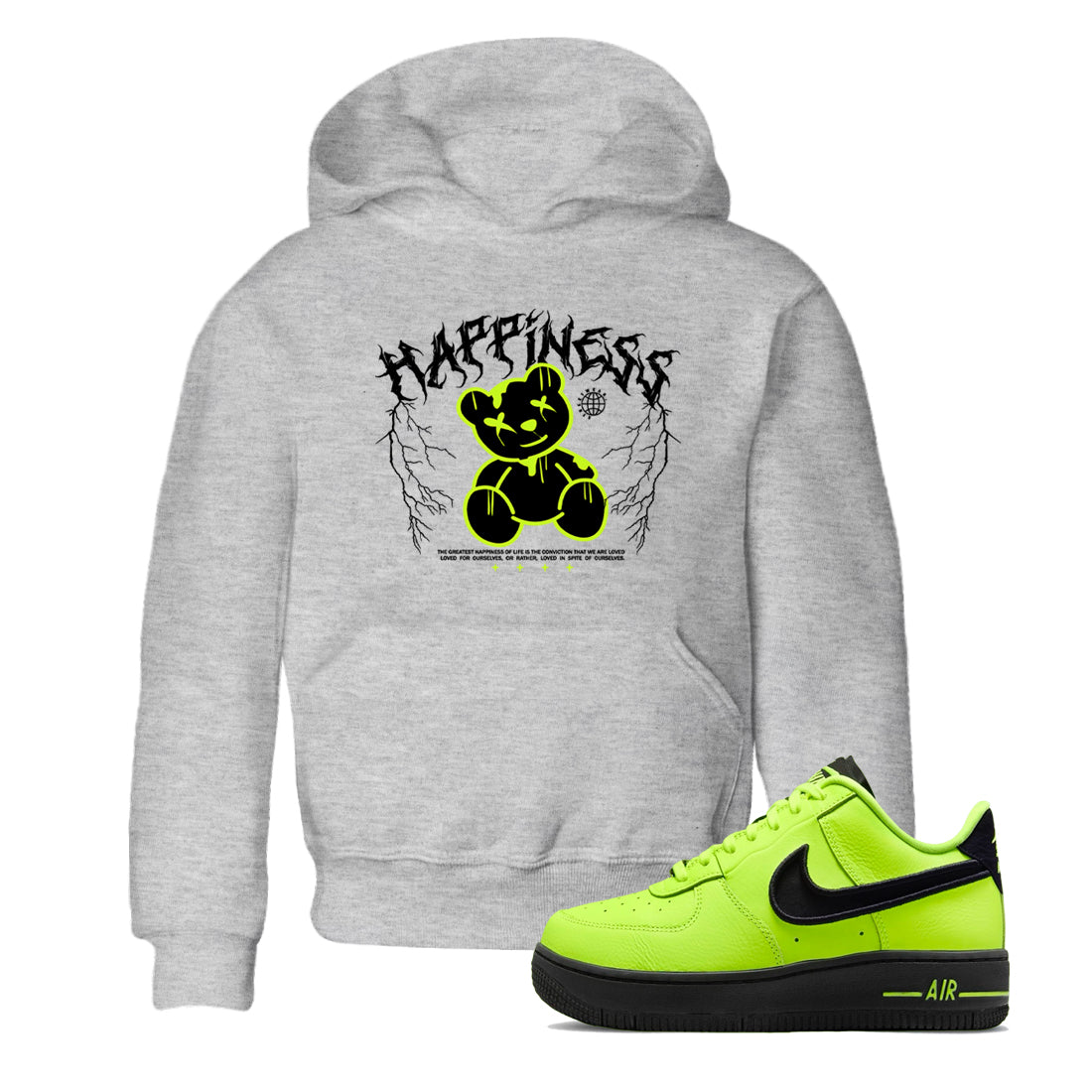 Air Force 1 Low Dance Volt t-shirts to match sneakers Happiness Bear sneaker match tees Air Force 1 Volt match shoes to clothes Drip Gear Zone Youth Baby Heather Grey 1 tee