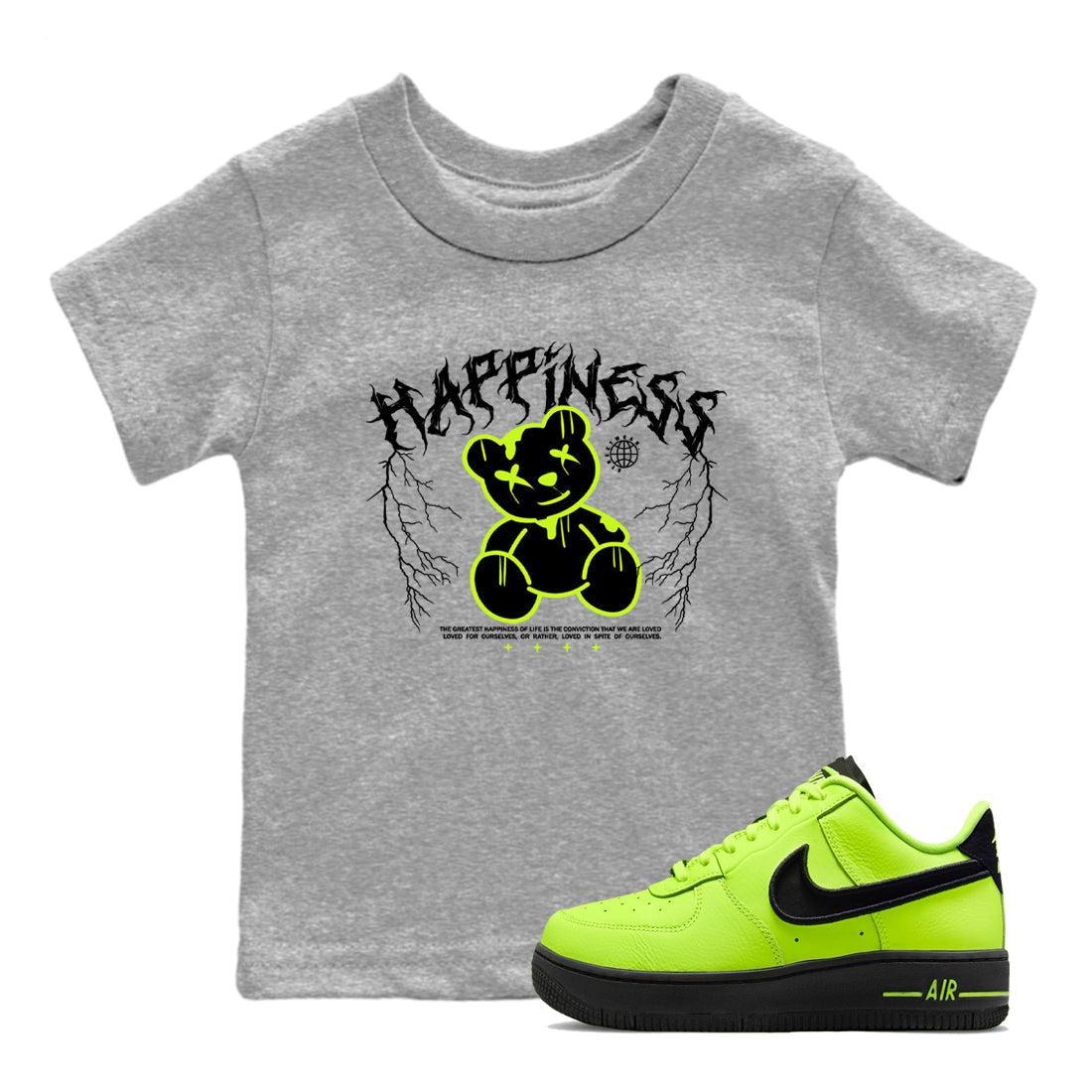 Air Force 1 Low Dance Volt t-shirts to match sneakers Happiness Bear sneaker match tees Air Force 1 Volt match shoes to clothes Drip Gear Zone Youth Baby Heather Grey 1 tee