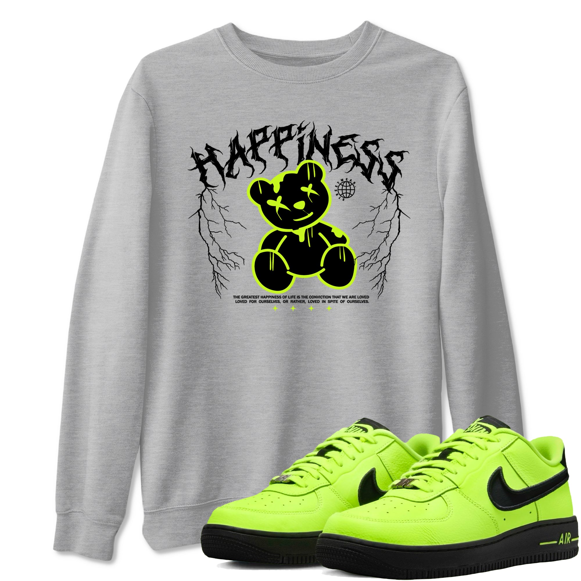 Air Force 1 Low Dance Volt t-shirts to match sneakers Happiness Bear sneaker match tees Air Force 1 Volt match shoes to clothes Drip Gear Zone unisex cotton Heather Grey 1 shirts