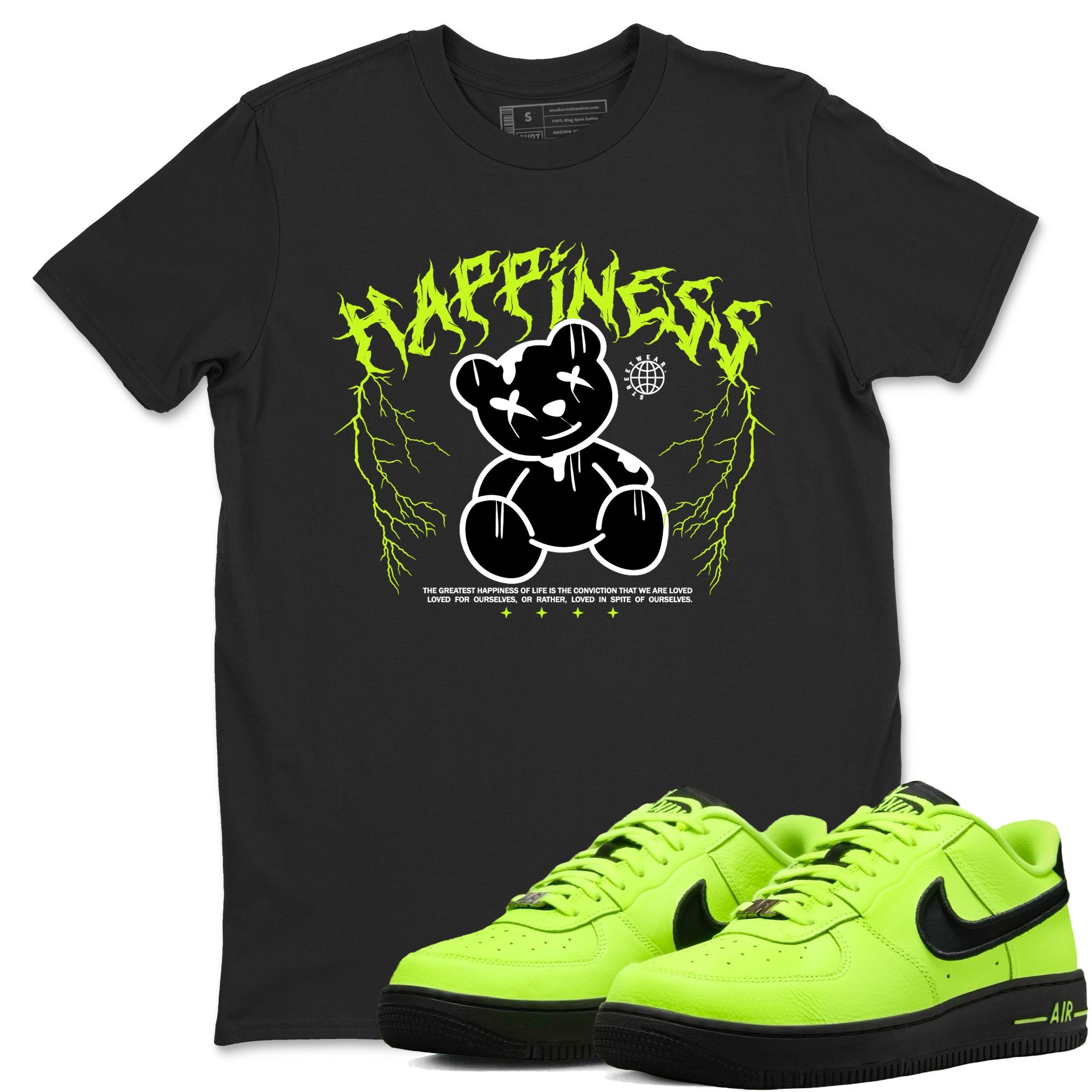 Air Force 1 Low Dance Volt t-shirts to match sneakers Happiness Bear sneaker match tees Air Force 1 Volt match shoes to clothes Drip Gear Zone unisex cotton Black 1 shirts