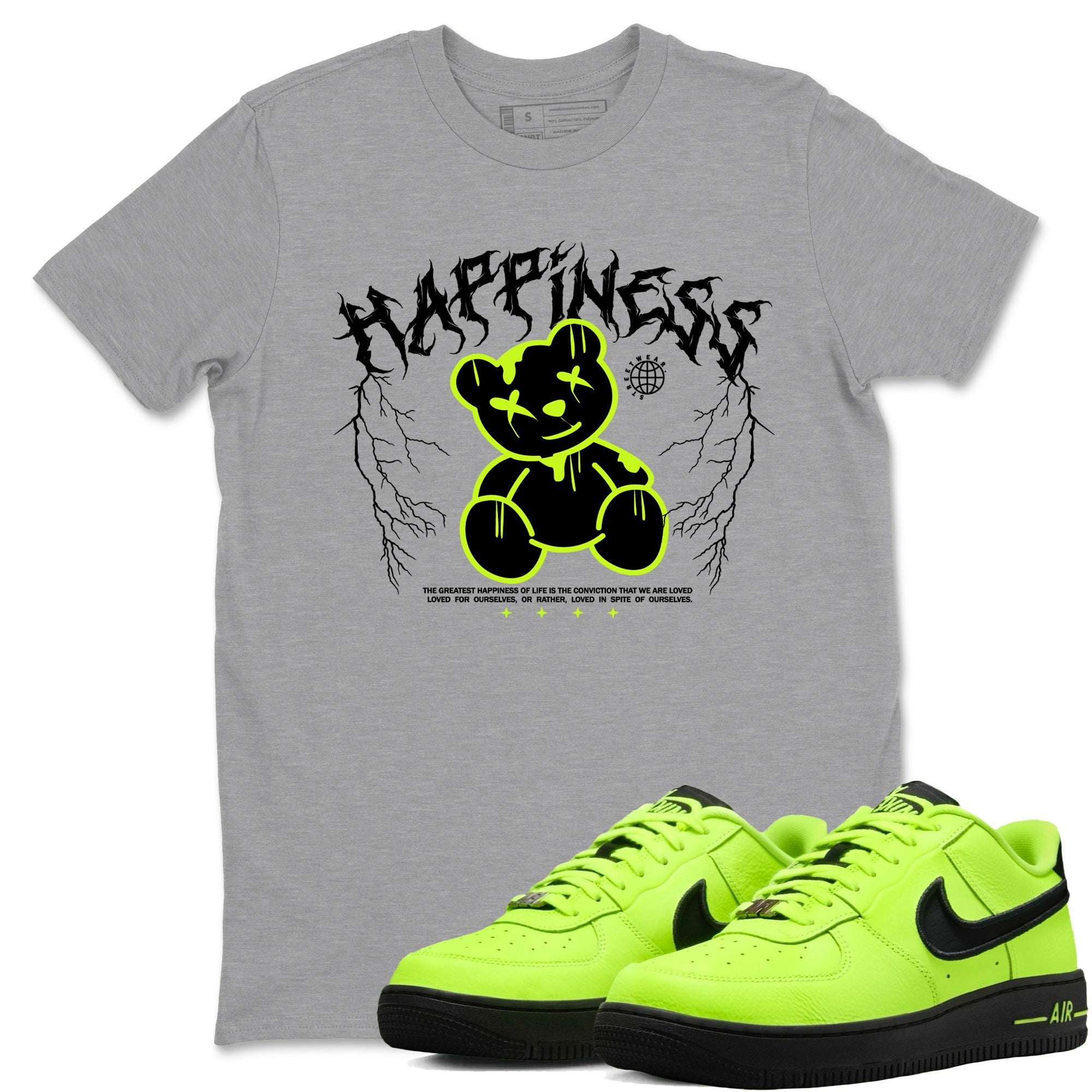 Air Force 1 Low Dance Volt t-shirts to match sneakers Happiness Bear sneaker match tees Air Force 1 Volt match shoes to clothes Drip Gear Zone unisex cotton Heather Grey 1 shirts