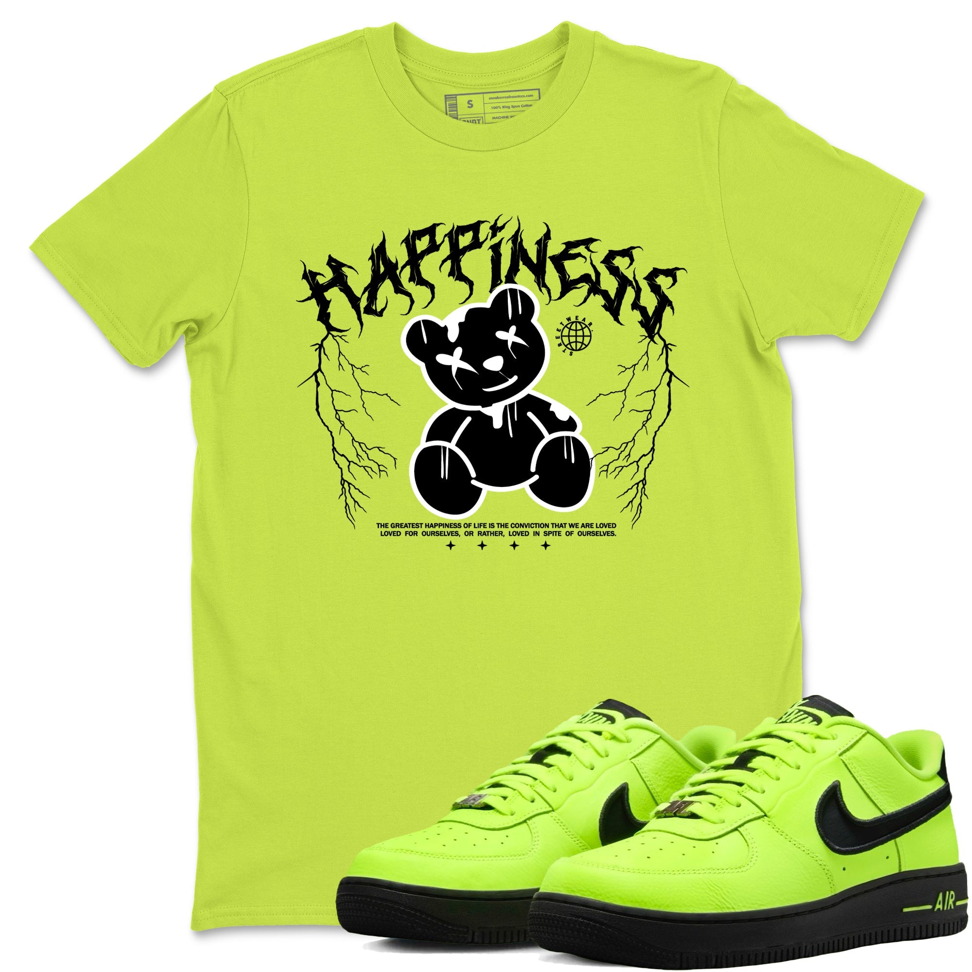 Air Force 1 Low Dance Volt t-shirts to match sneakers Happiness Bear sneaker match tees Air Force 1 Volt match shoes to clothes Drip Gear Zone unisex cotton Safety Green 1 shirts