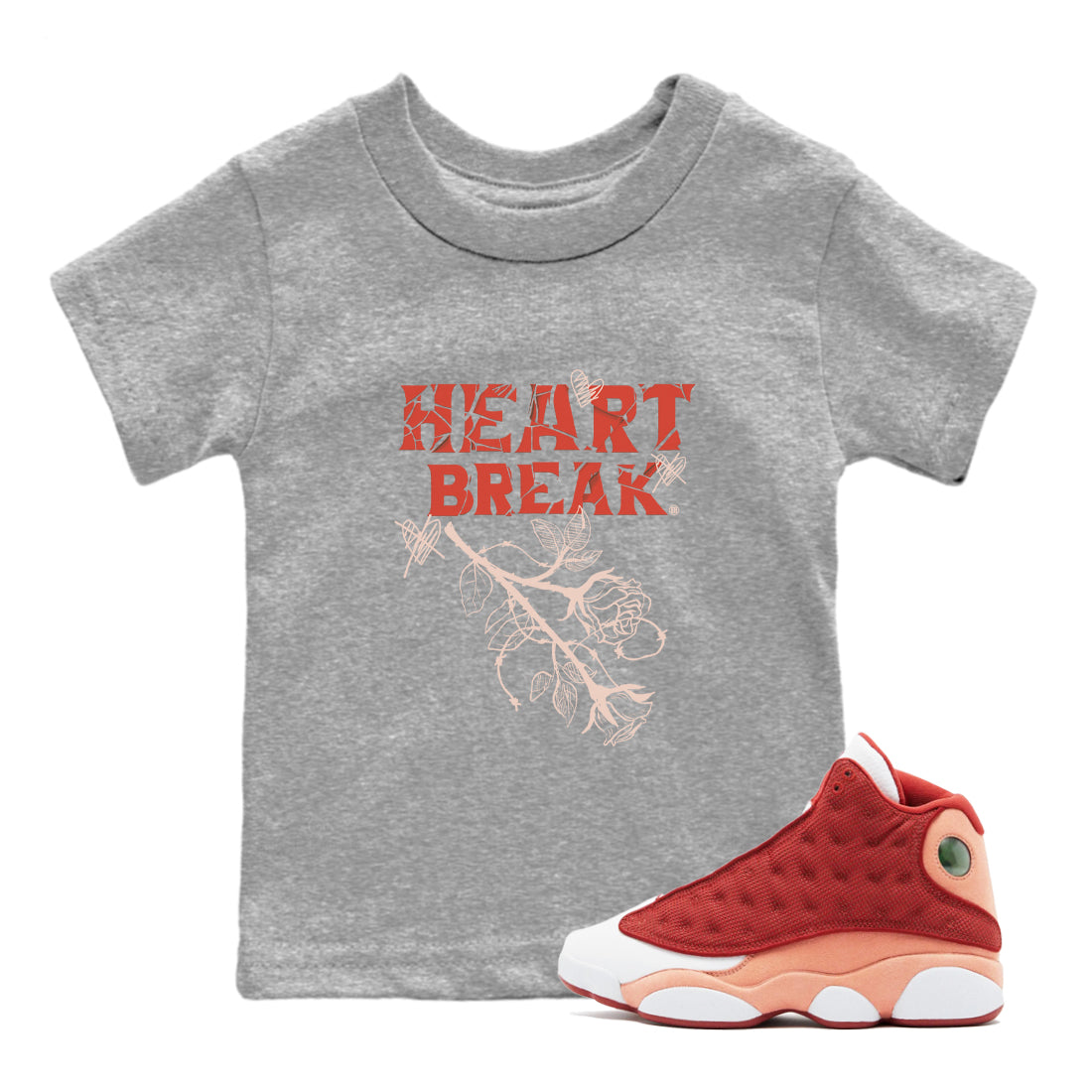 Air Jordan 13 Dune Red shirts to match jordans Heart Break sneaker match tees AJ13 Dune Red Sneaker Shirts Drip Gear Zone streetwear brand Baby and Youth Heather Grey 1 cotton tee