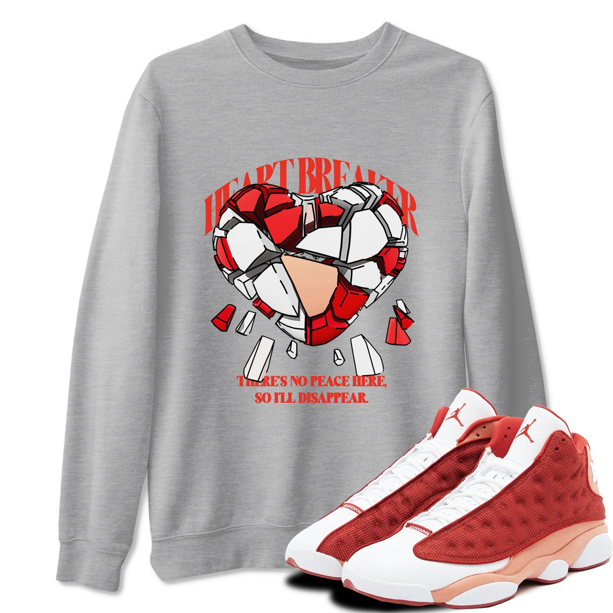 13s Dune Red shirts to match jordans Heart Breaker sneaker match tees Air Jordan 13 Dune Red Drip Gear Zone streetwear brand Heather Grey 1 unisex cotton tee