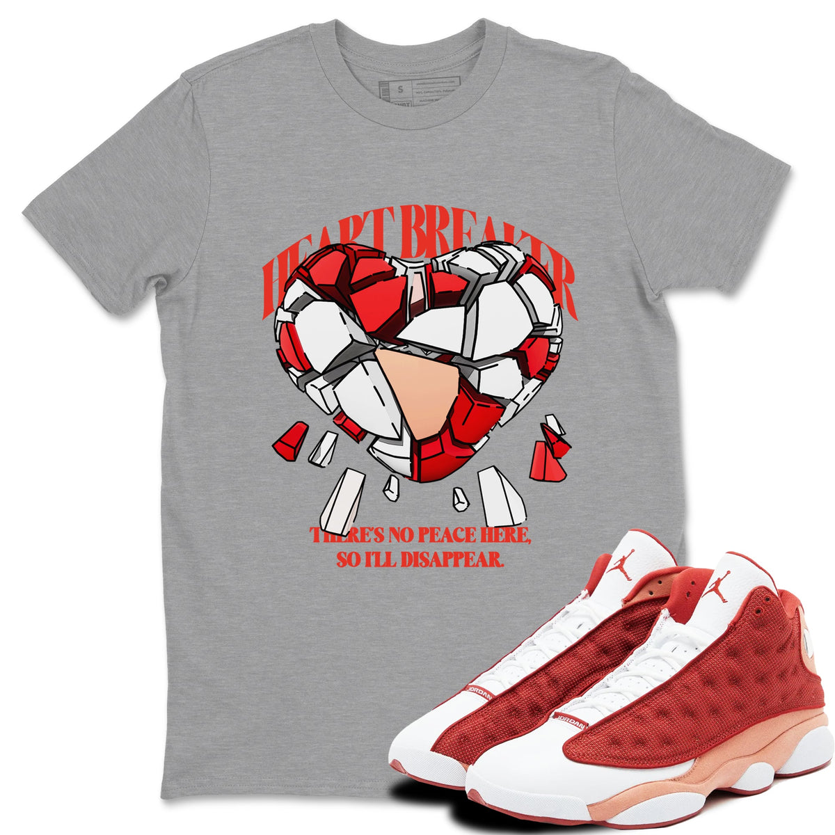13s Dune Red shirts to match jordans Heart Breaker sneaker match tees Air Jordan 13 Dune Red Drip Gear Zone streetwear brand Heather Grey 1 unisex cotton tee