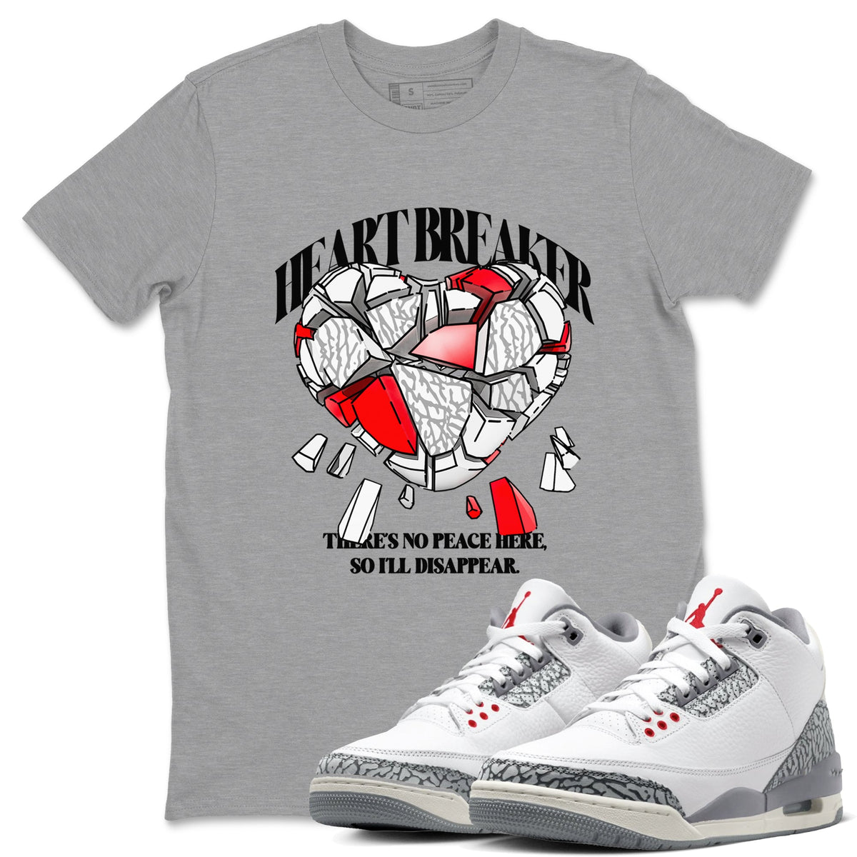 3s Cement Grey shirts to match jordans Heart Breaker sneaker match tees Air Jordan 3 Cement Grey Drip Gear Zone unisex cotton Heather Grey 1 crew neck shirts
