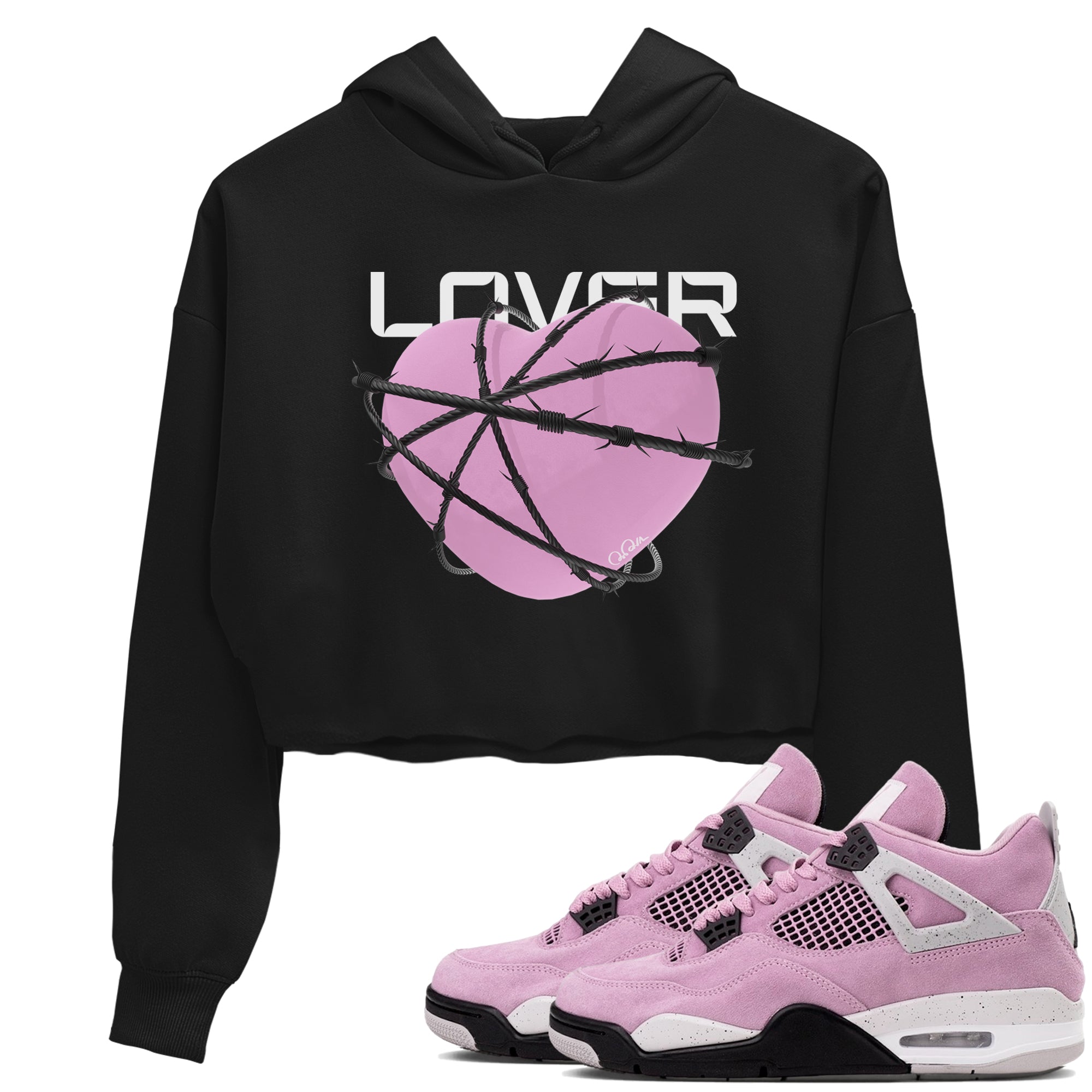 4s Retro Orchid shirts to match jordans Heart Lover sneaker match tees Air Jordan 4 WMNS Orchid match shoes to clothes Drip Gear Zone unisex cotton Black 1 crop tee