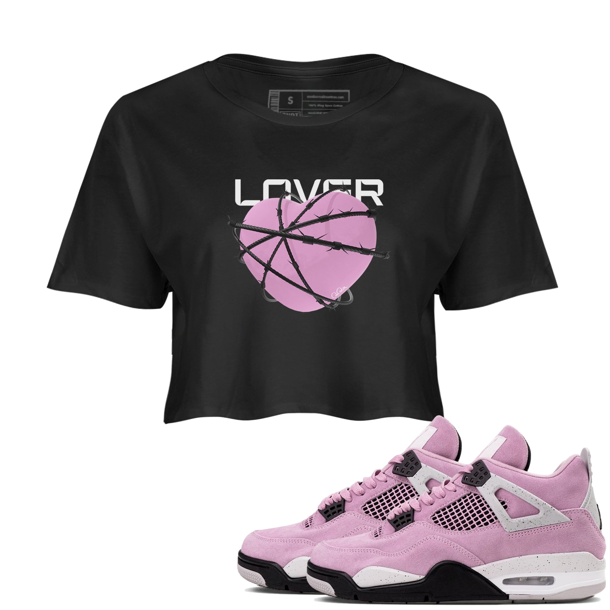 4s Retro Orchid shirts to match jordans Heart Lover sneaker match tees Air Jordan 4 WMNS Orchid match shoes to clothes Drip Gear Zone unisex cotton Black 1 crop tee