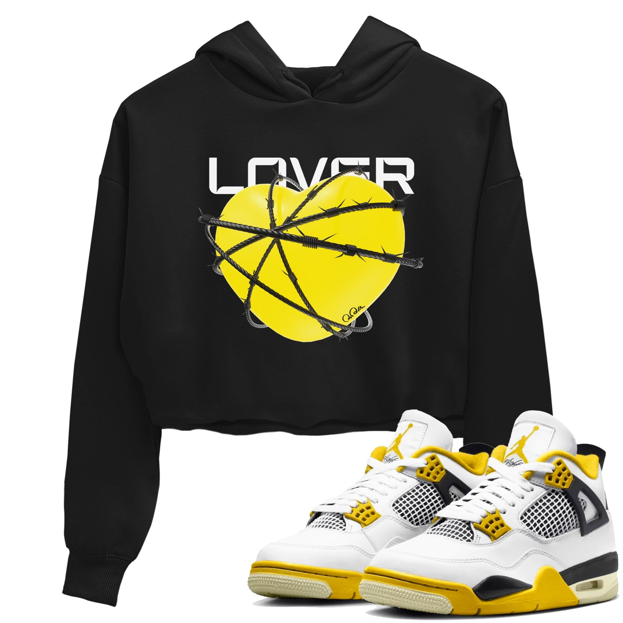AJ4 Vivid Sulfur shirt to match jordans Heart Lover sneaker tees Air Jordan 4 Vivid Sulfur Drip Gear Zone Black 1 crop length shirt